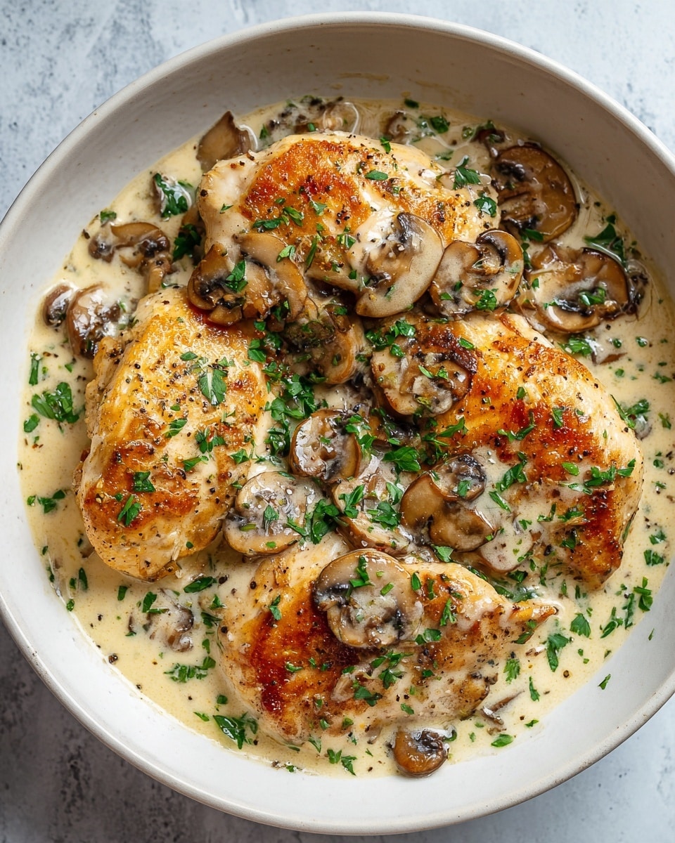 In a white bowl on a white marbled surface, there are four pieces of golden brown cooked chicken breasts arranged closely together, each topped with creamy light beige mushroom sauce containing sliced brown mushrooms. The sauce partially covers the chicken and pools around the bottom, with visible black pepper specks scattered throughout. On top, fresh chopped green herbs are sprinkled evenly over the chicken and sauce, adding a bright touch of color. The texture of the chicken looks crispy on the outside while the sauce is smooth and thick. photo taken with an iphone --ar 4:5 --v 7