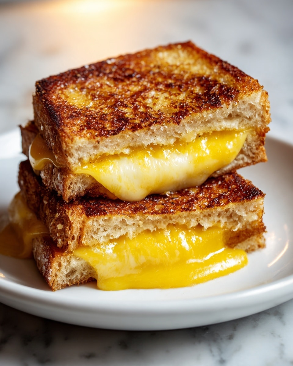 A close-up view of a sandwich made of four square bread pieces connected to form a block, each piece topped with a golden-brown toasted crust that looks crispy and shiny with melted butter. Between the two bread layers, there is a thick, melted, bright yellow cheese layer that oozes out slightly, showing a smooth, creamy texture. The sandwich sits on a white round plate, placed on a surface with a white marbled texture. The lighting highlights the glossiness of the butter and cheese, making the sandwich look warm and fresh. photo taken with an iphone --ar 4:5 --v 7