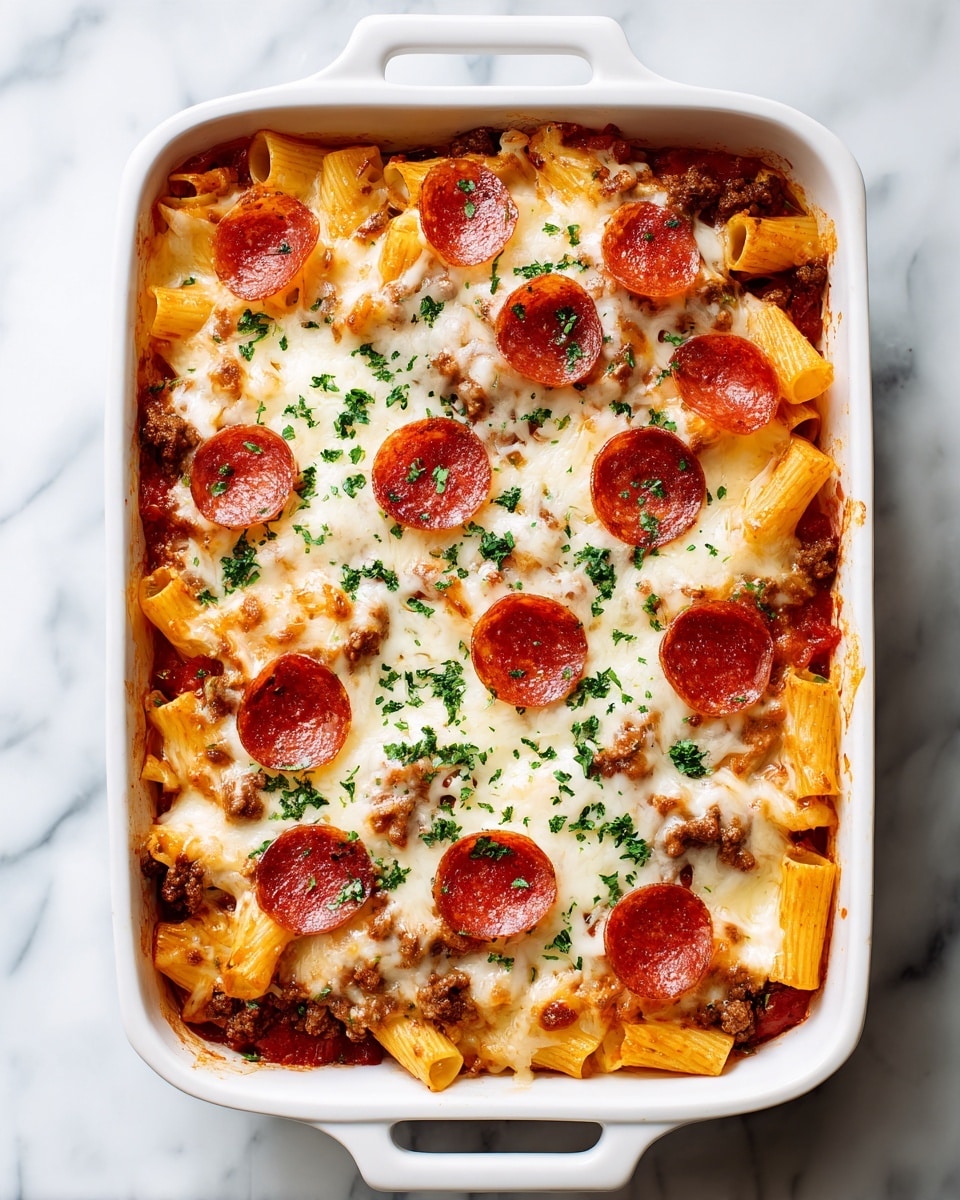 A white rectangular baking dish filled with a layered pasta bake. The bottom layer is a bright red tomato sauce visible around the edges, topped with rigatoni pasta arranged mostly around the edges, with some scattered inside. Above the pasta is a layer of browned ground beef pieces. The top layer is melted golden cheese covering the center, sprinkled with small green herb pieces. On top of the cheese, evenly spaced pepperoni slices add a deep reddish-brown accent. The dish sits on a white marbled surface. photo taken with an iphone --ar 4:5 --v 7