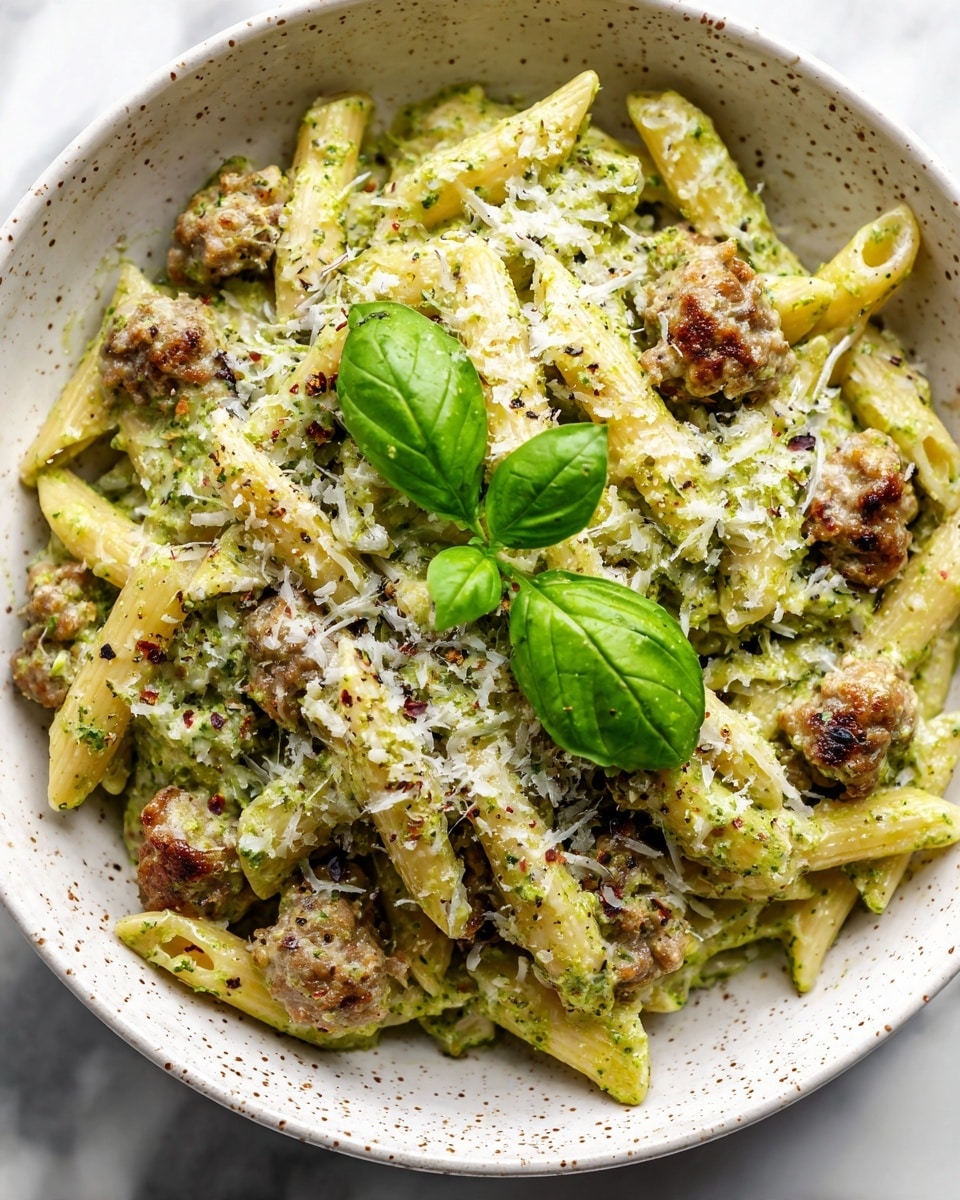 A close-up view of a white speckled round plate filled with penne pasta coated in creamy green pesto sauce, mixed with small chunks of brown sausage scattered evenly throughout. The dish is topped with white grated cheese sprinkled all over, and three bright green fresh basil leaves sit on top as garnish. The plate is placed on a white marbled surface. photo taken with an iphone --ar 4:5 --v 7