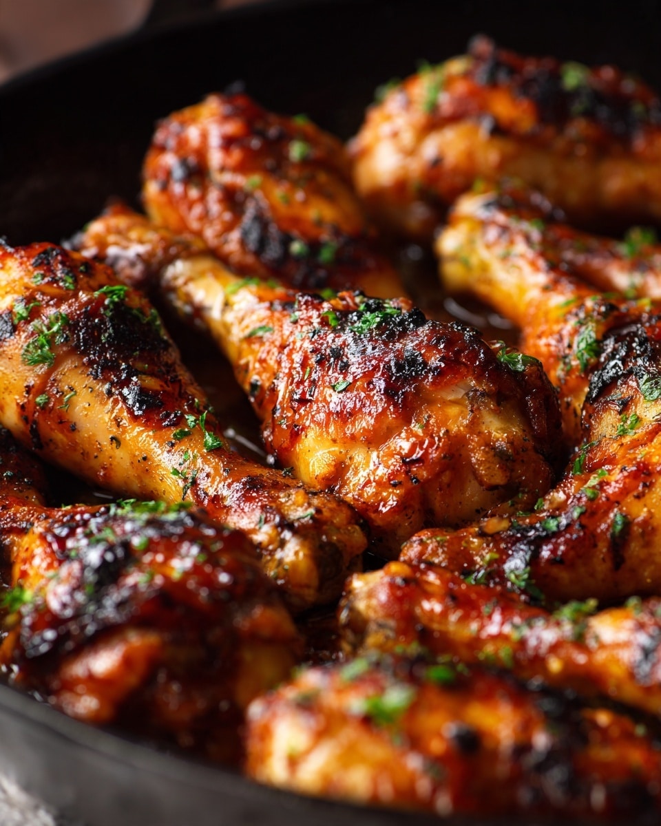 A close-up of a black pan filled with shiny, glazed chicken drumsticks arranged to cover the whole pan surface; the drumsticks are golden-brown with crispy, slightly charred edges and a sticky, reddish-brown sauce coating each piece, sprinkled lightly with small green herb bits on top; the background shows a white marbled texture lightly out of focus. photo taken with an iphone --ar 4:5 --v 7