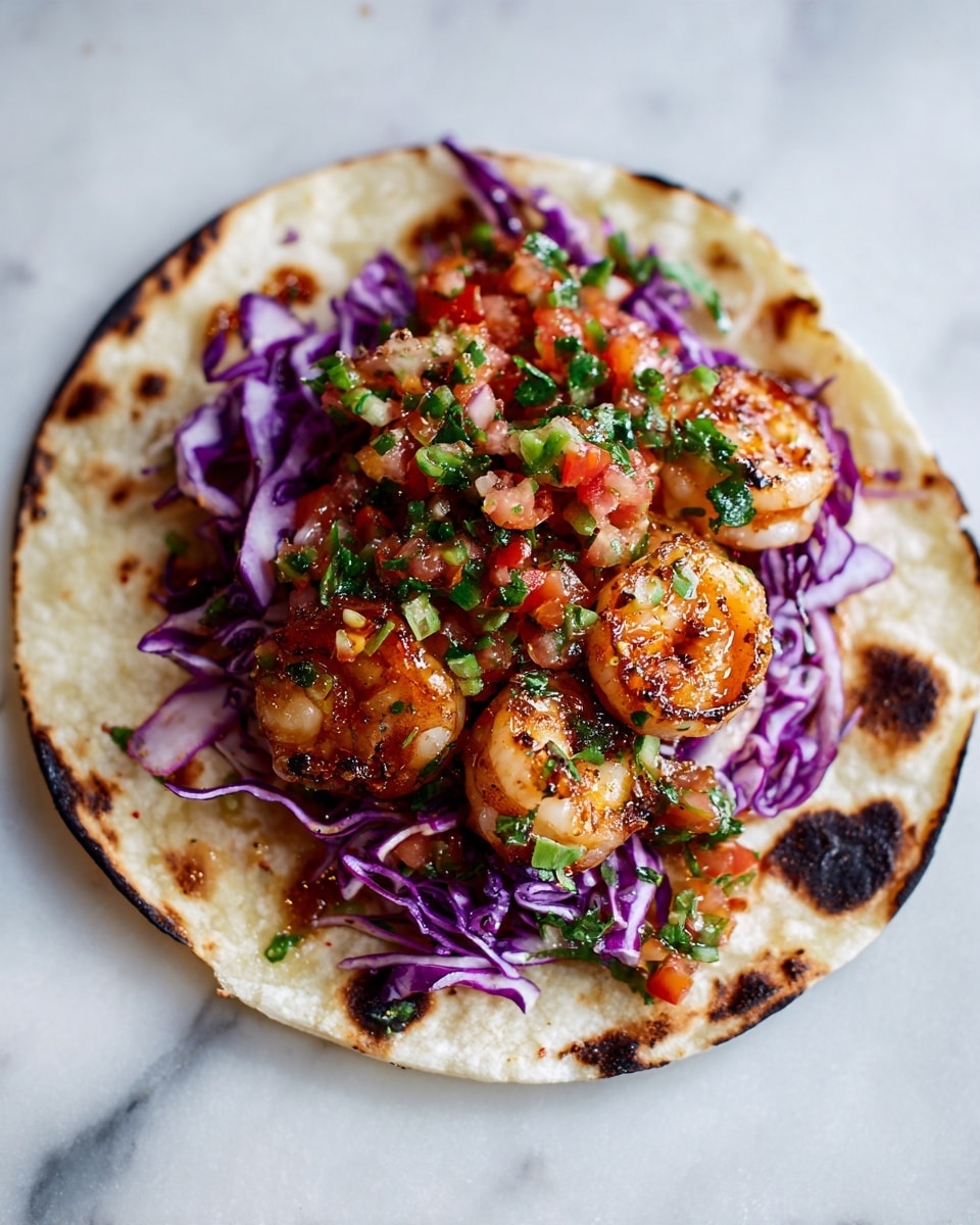 A close-up of a shrimp taco showing three main layers; the bottom layer is a soft, slightly charred white corn tortilla with browned spots, the middle layer consists of shiny, cooked shrimp coated in spices with a golden-brown hue, and the top layer is made up of bright purple shredded cabbage and small, diced tomatoes mixed with bits of green cilantro, adding fresh color and texture contrast. The background is a white marbled texture. Photo taken with an iphone --ar 4:5 --v 7