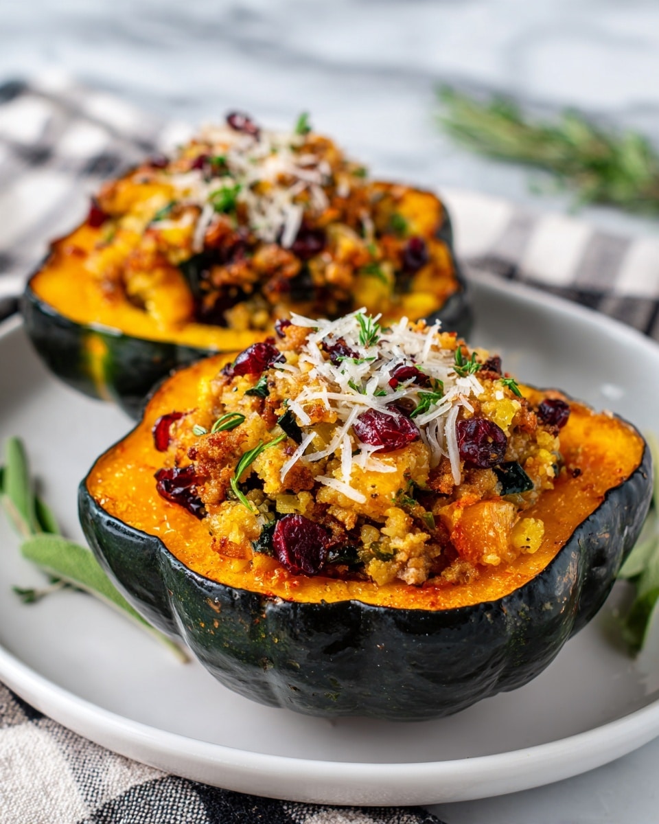 The image shows two halves of a roasted acorn squash with dark green skin and bright orange flesh, each hollowed out and filled with a textured stuffing of several layers. The bottom layer inside the squash is made of cooked golden-brown sausage pieces mixed with small diced celery and orange chunks, creating a chunky and moist texture. Scattered throughout the filling are dark red dried cranberries, adding a pop of color and texture. On top, there is a sprinkling of shredded white cheese, slightly melted over the filling, along with small green herb leaves, adding fresh contrast. The squash halves sit on a white plate on a white marbled surface with a partly visible checkered cloth beside it. photo taken with an iphone --ar 4:5 --v 7