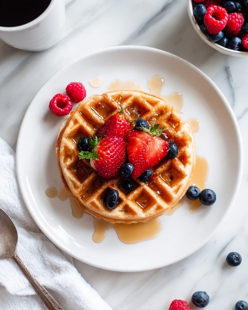 A single round golden-brown waffle sits in the center of a white plate, its grid pattern visible beneath a drizzle of shiny syrup filling some of the squares. On top, there is a small pile of mixed fresh berries: two halved strawberries with their green tops, several whole raspberries, and blueberries scattered over the waffle and plate. The plate rests on a white marbled surface with drops of syrup and loose blueberries around, adding a fresh and sweet feel. In the top left, part of a white cup fills the frame, and in the bottom left, a white bowl with more berries and a silver spoon on a white cloth are visible. photo taken with an iphone --ar 4:5 --v 7