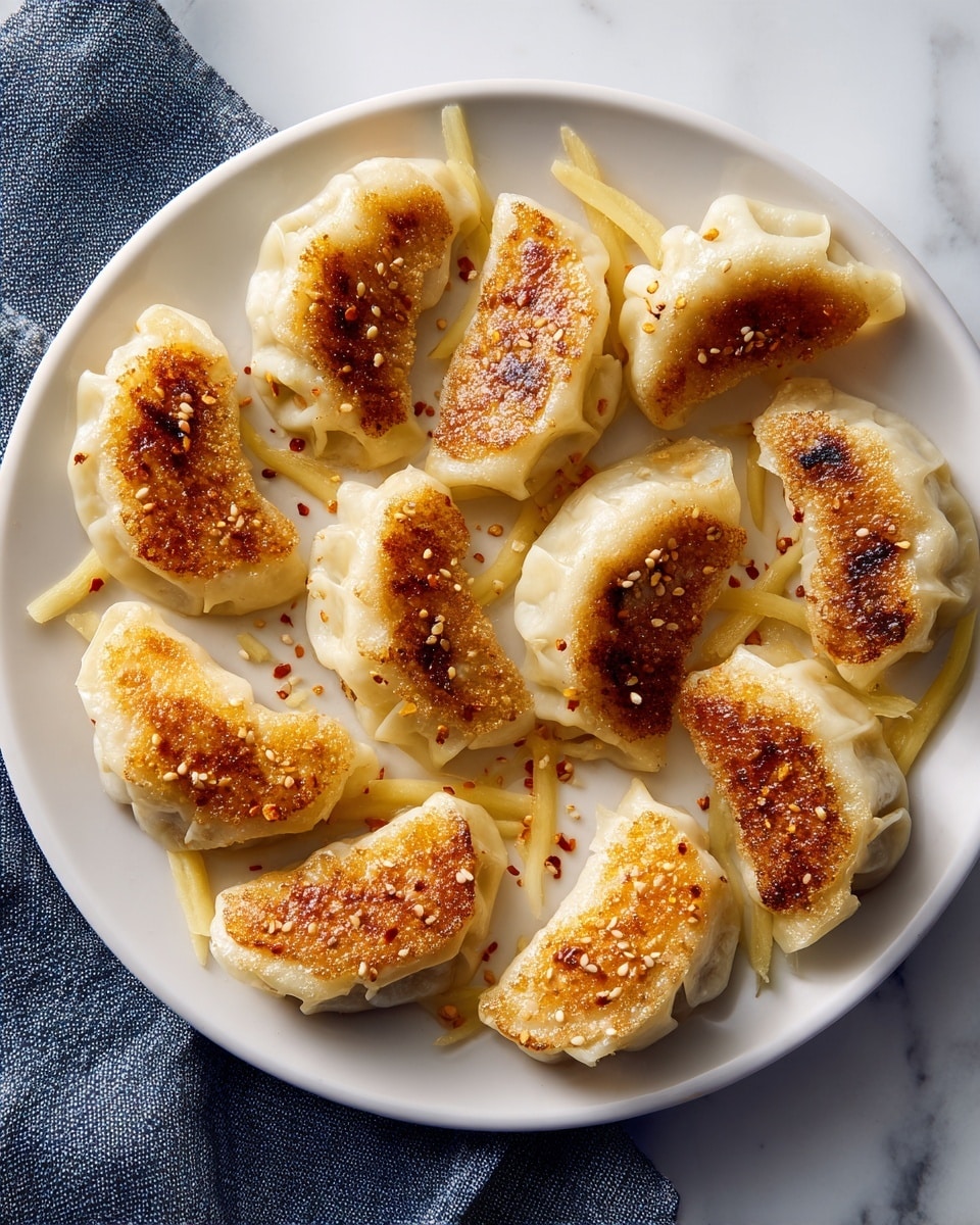 A white round plate holds ten pan-fried dumplings arranged in a circular pattern, each with a golden-brown crispy bottom and soft, pale, slightly translucent dough on top with delicate pleats. The dumplings are drizzled with a reddish chili oil sauce with visible sesame seeds and small bits of chili. Thin strips of pale yellow ginger are scattered over the top, adding texture and color contrast. The plate is set on a white marbled surface, and a dark blue cloth napkin partly appears on the left side. Photo taken with an iphone --ar 4:5 --v 7