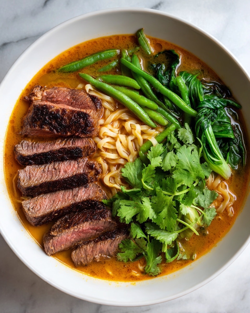 The image shows a white shallow bowl filled with a noodle soup dish. At the bottom, thin, light-colored noodles are partially visible. On top of the noodles, there are several thick slices of medium-cooked beef with a brown seared crust and a pink center, arranged mostly on one side. Beside the beef, vibrant green vegetables including leafy spinach, long green beans, and fresh cilantro leaves are placed, covering about half the bowl. The broth is rich and orange-colored, filling the bowl around and partially hiding the noodles and some of the greens. The bowl sits on a white marbled surface. photo taken with an iphone --ar 4:5 --v 7