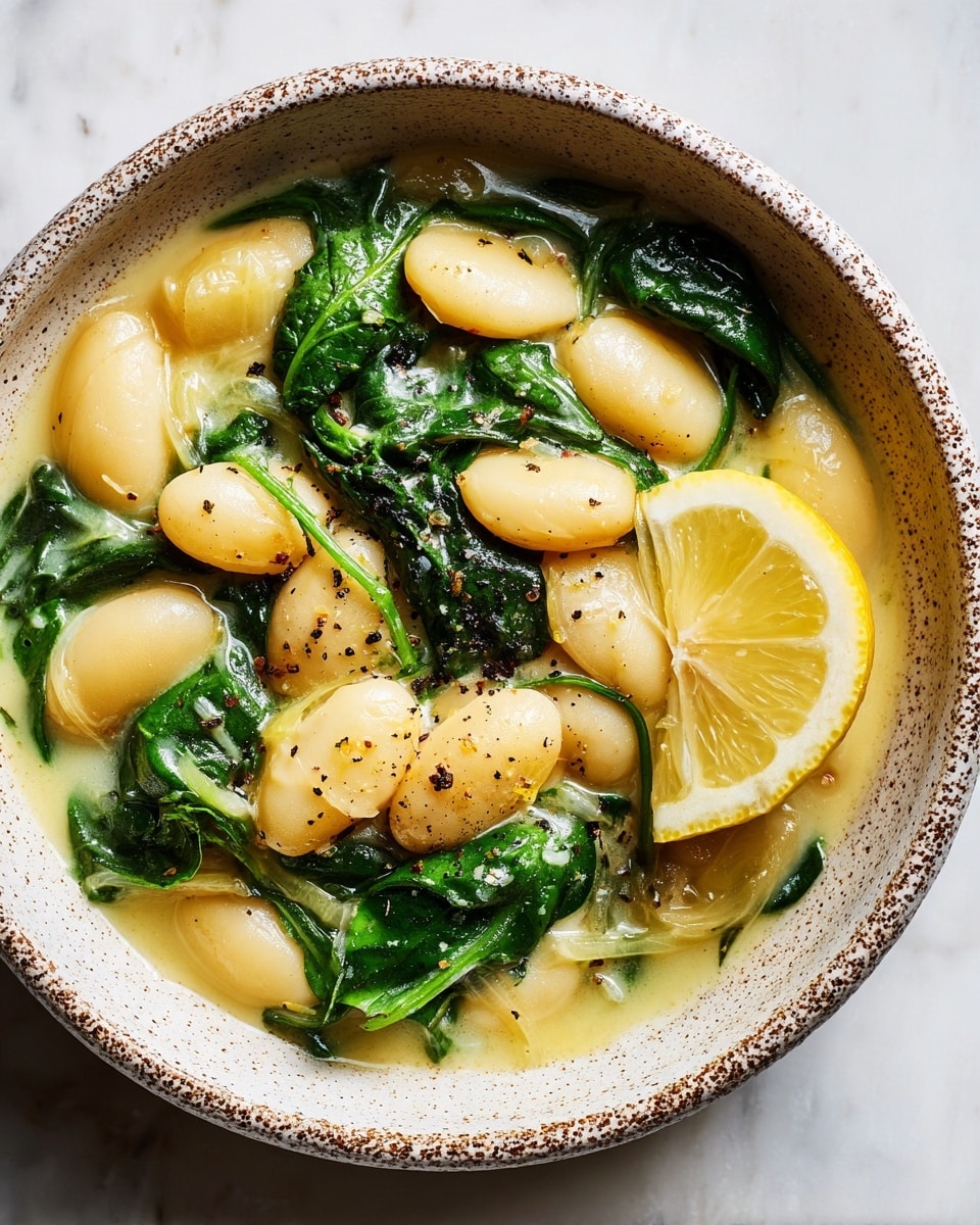 A close-up view of a bowl filled with a creamy dish featuring large, soft white beans soaked in a pale yellow sauce. Bright green spinach leaves are scattered throughout, adding a fresh contrast to the smooth sauce and beans. A thin lemon wedge with vibrant yellow skin and pale yellow flesh rests on one edge of the bowl, enhancing the visual appeal. The bowl is white with speckled brown edges and sits on a white marbled surface. The sauce is slightly glossy with small specks of black pepper sprinkled over the dish. Photo taken with an iphone --ar 4:5 --v 7
