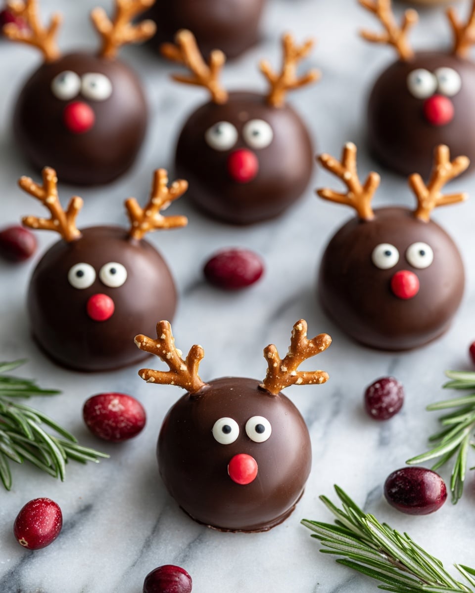 The image shows several round chocolate balls decorated to look like reindeer. Each ball is smooth and dark brown, with two white candy eyes that have black pupils placed near the top center. A small, bright red candy nose is positioned below the eyes. On top of each chocolate ball, there are two chocolate antlers shaped in a curved pattern. The chocolate balls are placed on a white marbled surface, surrounded by green rosemary sprigs and small red berries scattered around them. The focus is on the closest reindeer, with others slightly blurred in the background. Photo taken with an iphone --ar 4:5 --v 7
