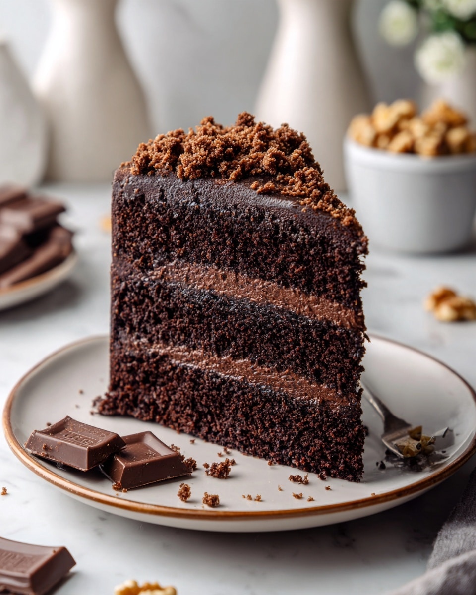 A close-up of a single slice of rich chocolate cake placed on a white plate with a thin brown rim, showing three thick layers of dark, moist chocolate sponge separated by smooth, dense chocolate frosting, topped generously with a crumbly, textured chocolate topping that looks crunchy and slightly rough. Around the plate, a few pieces of light brown chocolate bars are scattered. The scene is set on a white marbled surface with blurred white vases and a small clear bowl filled with walnuts in the background. photo taken with an iphone --ar 4:5 --v 7