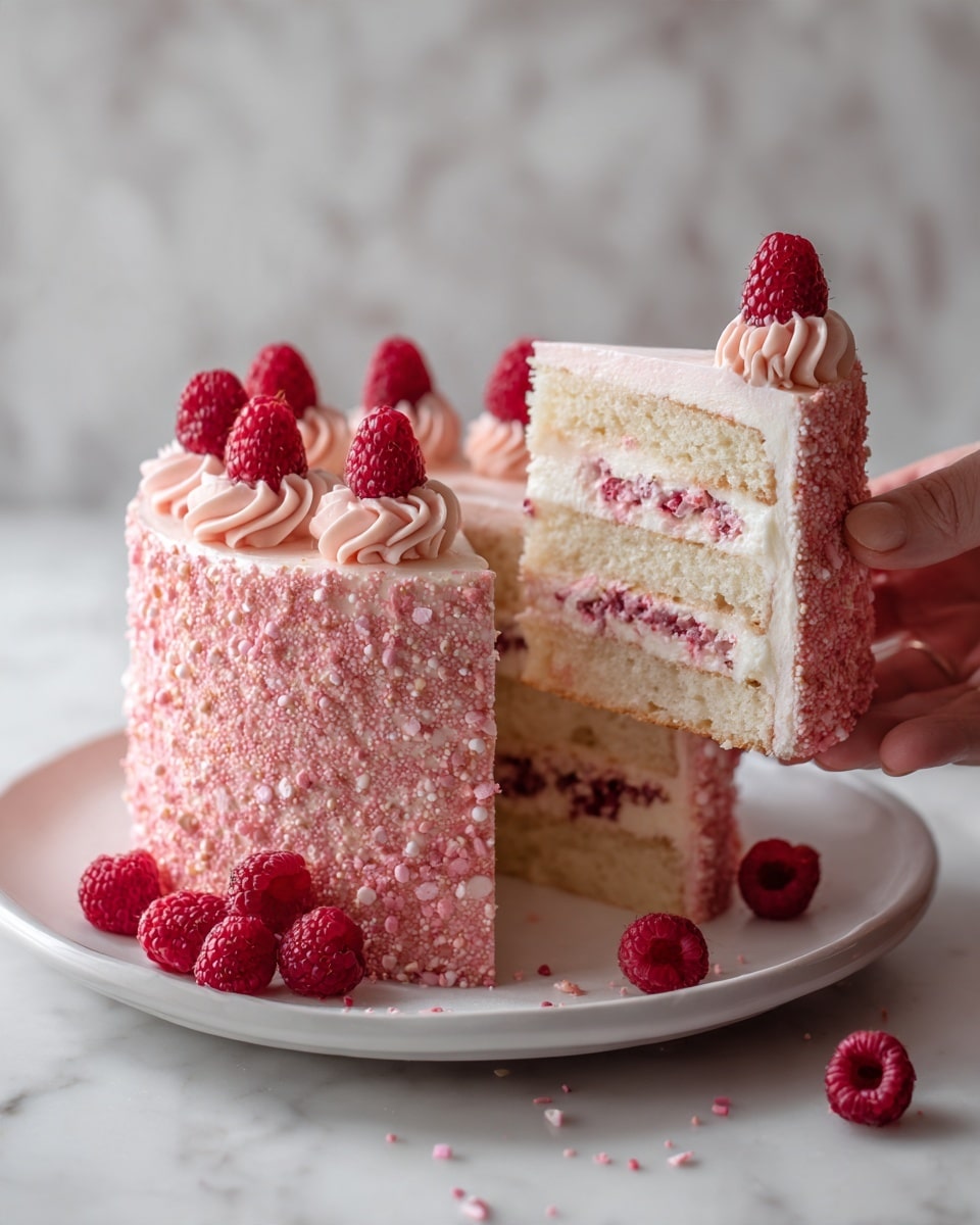 A tall, round cake with three visible layers sits on a white plate. Each layer is pink with a soft, creamy filling in between that looks light pink. The outside of the cake is covered with textured, shredded pink coconut flakes. On top, there are several small swirls of pink cream topped with fresh red raspberries. Around the plate and on the white marbled surface are extra raspberries scattered neatly. The scene includes an empty white plate with two gold forks, a bowl, and a white sugar container in the background. Photo taken with an iphone --ar 4:5 --v 7