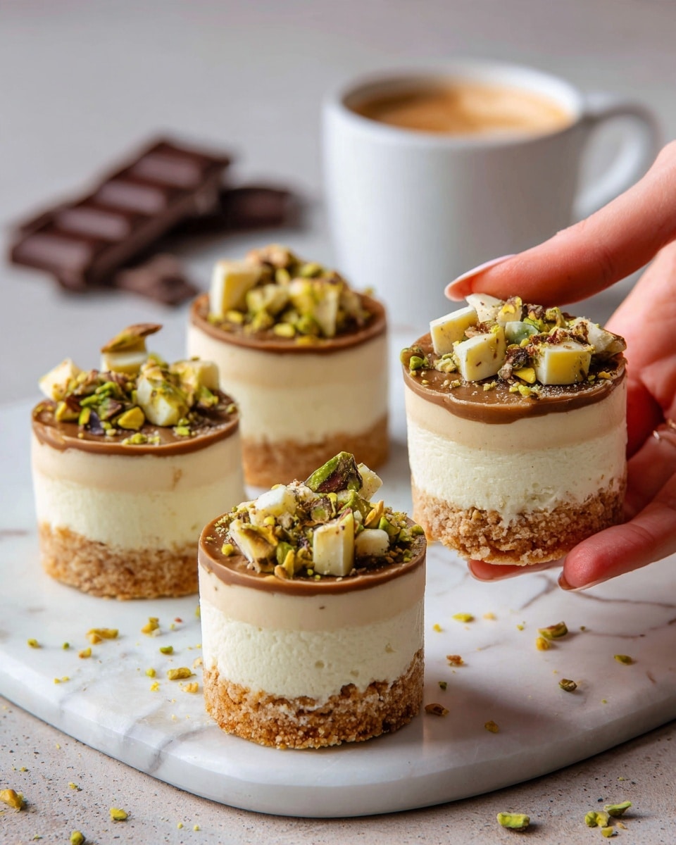 The image shows four small layered desserts on a white marbled surface, each made with three visible layers. The bottom layer is a golden-brown crumbly base, the middle layer is creamy and light beige in color, and the top layer is thick chocolate mousse with a smooth texture. On top of the chocolate mousse, there are slices of banana and sprinkled chopped pistachios for garnish. Around the desserts, there are pieces of dark chocolate and scattered pistachio bits. A woman's hand is about to reach for one dessert. The background shows soft white curtains and a white teapot. photo taken with an iphone --ar 4:5 --v 7