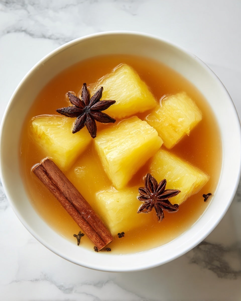 A white bowl sits on a white marbled surface, filled with a warm, amber-colored syrup. Inside the syrup, there are seven large, juicy pineapple chunks, bright yellow with a slightly glossy texture from the syrup. Among the pineapple pieces are two brown cinnamon sticks and one dark brown star anise, adding contrast and texture to the bowl. The syrup looks smooth and slightly thick, with a few small specks of spice visible on the pineapple pieces. photo taken with an iphone --ar 4:5 --v 7