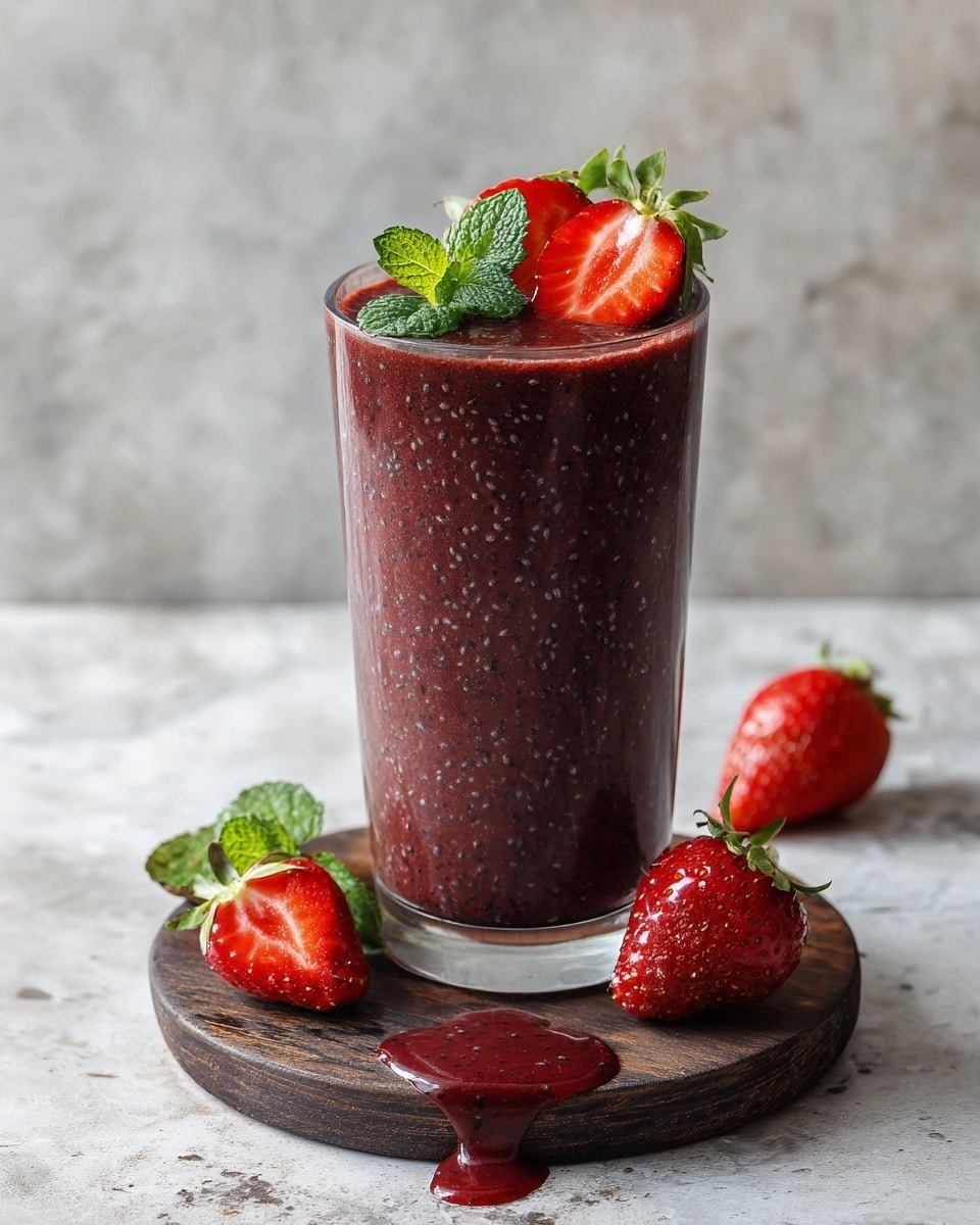 The image shows a tall clear glass filled with a thick, dark red smoothie that has small black specks throughout. The smoothie is topped with bright red strawberry halves and fresh green mint leaves. The glass is placed on a round wooden coaster set on a white marbled texture. Around the base of the glass, there are whole and halved strawberries with green stems, adding pops of bright red color. A small drip of smoothie is visible on the coaster below the glass. Photo taken with an iphone --ar 4:5 --v 7