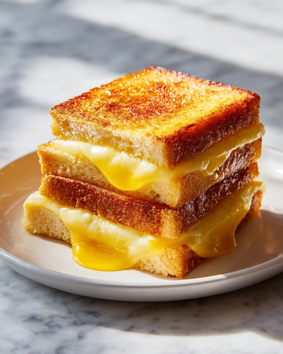 The image shows a close-up of a grilled cheese sandwich cut into four connected squares on a white round plate. The sandwich consists of two layers: the top layer is toasted bread with a golden-brown crispy texture and shiny melted butter on top, while the bottom layer is gooey, melted yellow cheddar cheese oozing out between soft, slightly toasted bread slices. The sandwich is placed on a white marbled surface background. photo taken with an iphone --ar 4:5 --v 7