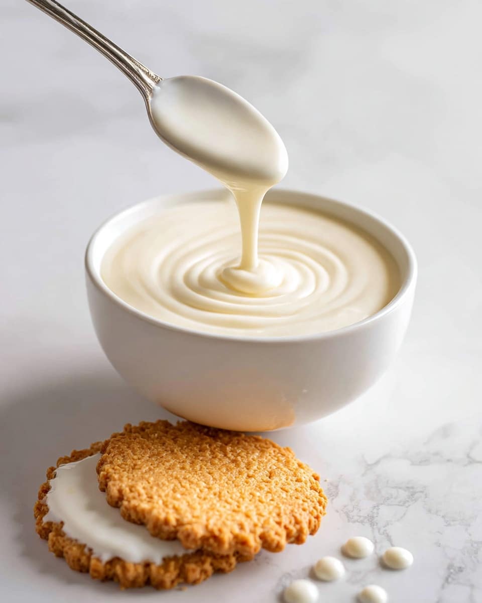 The image shows a white bowl full of smooth, creamy white icing, with a silver spoon dripping the icing back into the bowl creating soft swirls on the surface. Next to the bowl, three golden-brown cookies with a crumbly texture lay flat on a white marbled surface. One cookie in the foreground is half dipped in the white icing, with excess icing spilling lightly on the white marbled surface near it. The overall scene is softly lit, emphasizing the glossy texture of the icing and the crunchiness of the cookies. photo taken with an iphone --ar 4:5 --v 7