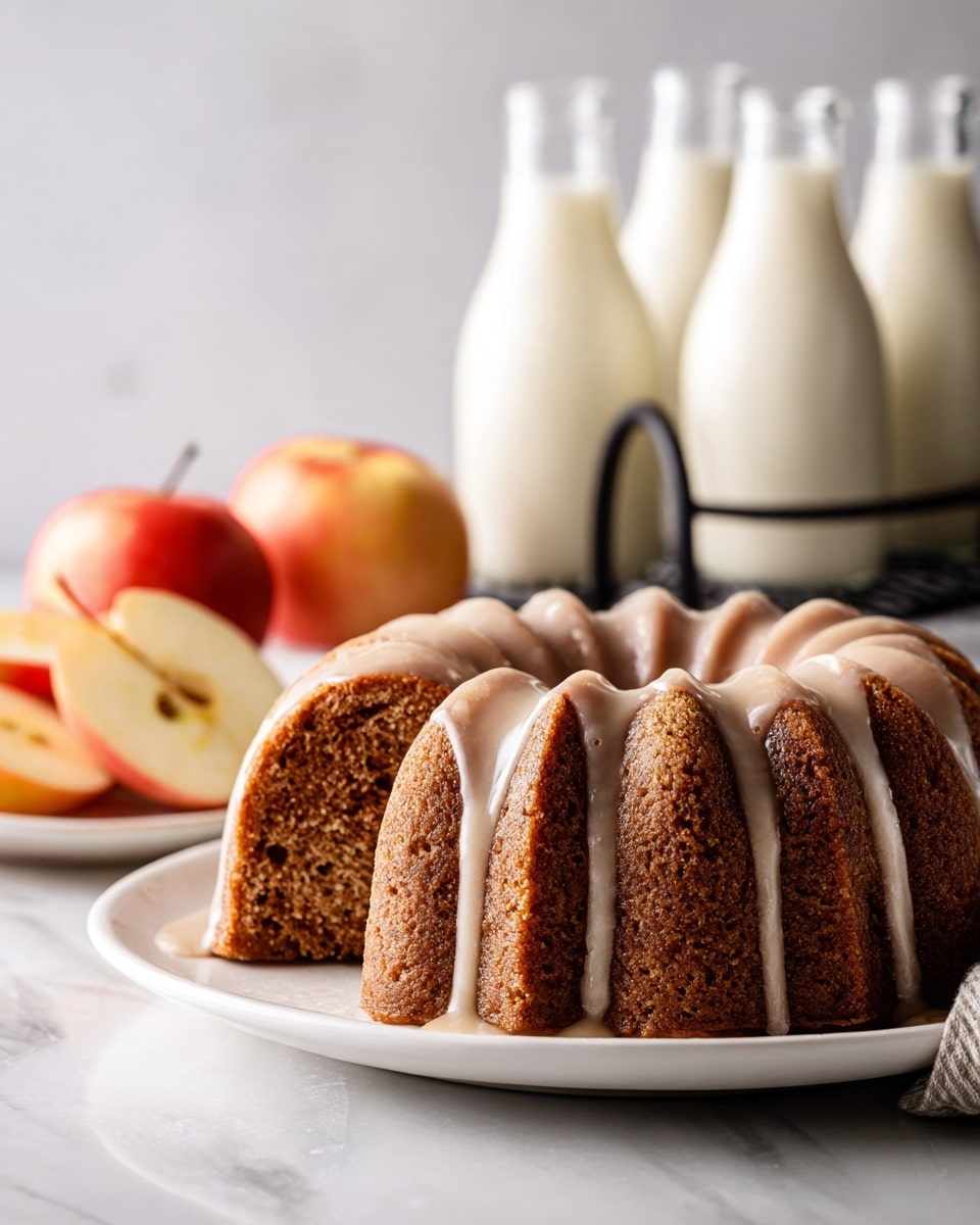 A close-up view of a sliced bundt cake with a moist, light brown crumb texture and a smooth, glossy glaze drizzled over the top ridges, pooling slightly at the base. The cake sits on a white plate with crumbs scattered around, on a white marbled surface. To the side, there is a quarter of a green apple showing its lighter interior, and in the background, two small glass milk bottles are visible. The overall image is softly lit, focusing on the cake's texture and glaze. photo taken with an iphone --ar 4:5 --v 7