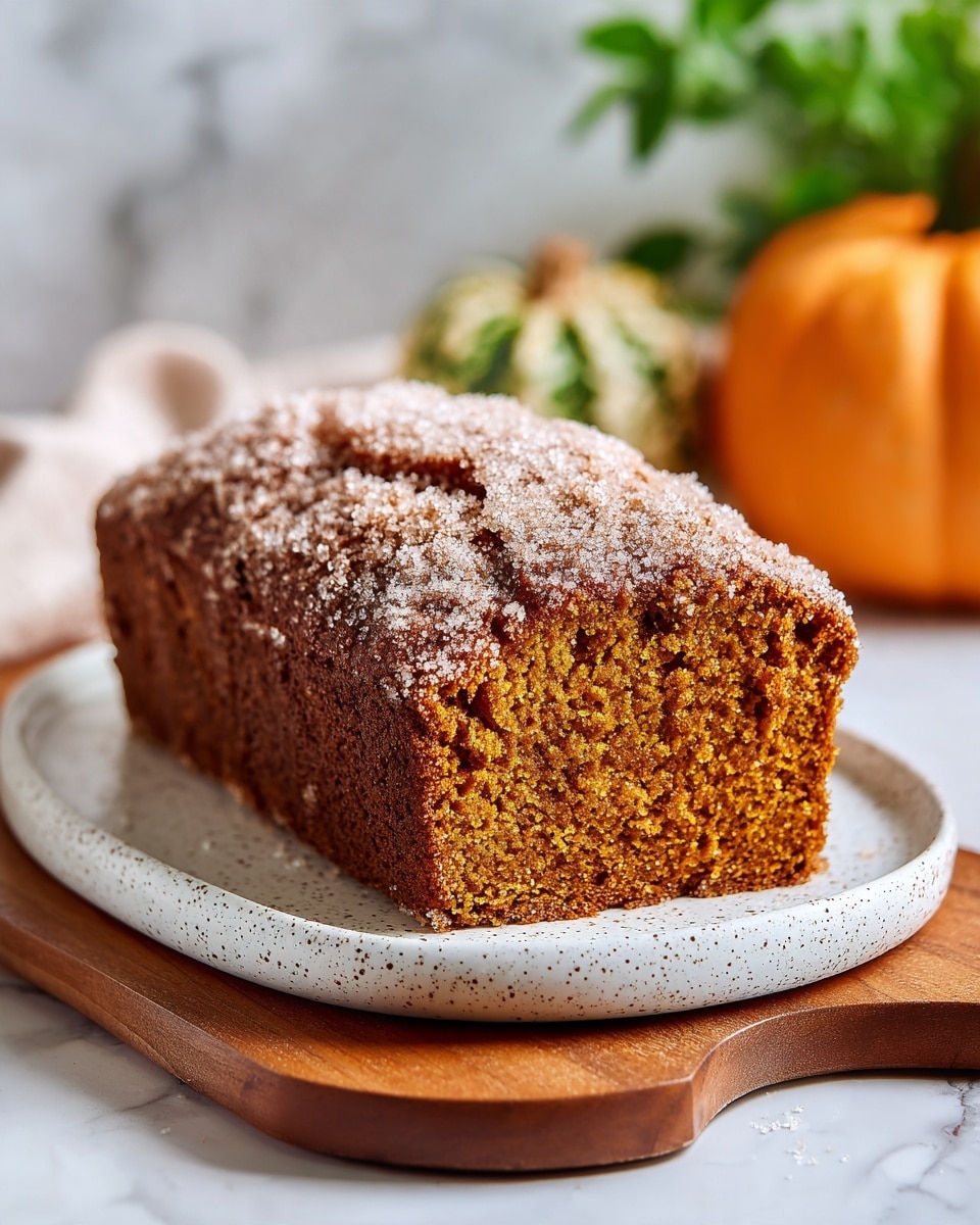 A rectangular pumpkin bread loaf sits on a white speckled plate that rests on a wooden board with a hole at the handle's end. The bread has a warm orange-brown color with a moist, crumbly texture visible on the side cut. The top of the bread is covered unevenly with a thick layer of coarse brown sugar, forming a sparkling, rough crust that spills slightly onto the plate. In the background, out of focus, there is a small pumpkin and green leafy herbs on a white marbled surface, creating a cozy, natural setting. Photo taken with an iphone --ar 4:5 --v 7