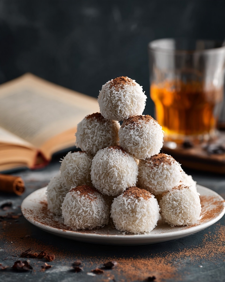 A white plate holds a pyramid of ten round truffles, each coated in white coconut flakes with a light dusting of brown cocoa powder on top. The truffles have a rough, textured surface from the flakes. The plate is set on a dark surface with some scattered cocoa powder and flakes around it. In the background, there is a glass filled with a golden-brown drink and a blurred book with a beige cover, all against a dark backdrop. photo taken with an iphone --ar 4:5 --v 7