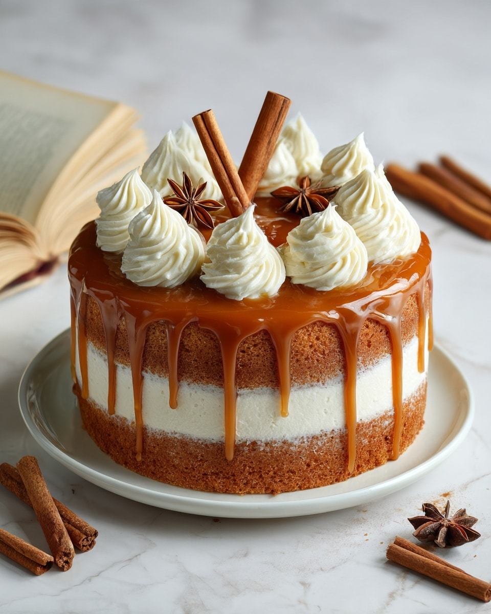 A two-layer light brown cake with a smooth layer of dark caramel sauce dripping down the sides and partially oozing between the layers, topped with six even swirls of white cream around the edge. Two cinnamon sticks stand upright in the center with a star anise placed at their base. The cake sits on a white round plate on a white marbled surface. Photo taken with an iphone --ar 4:5 --v 7