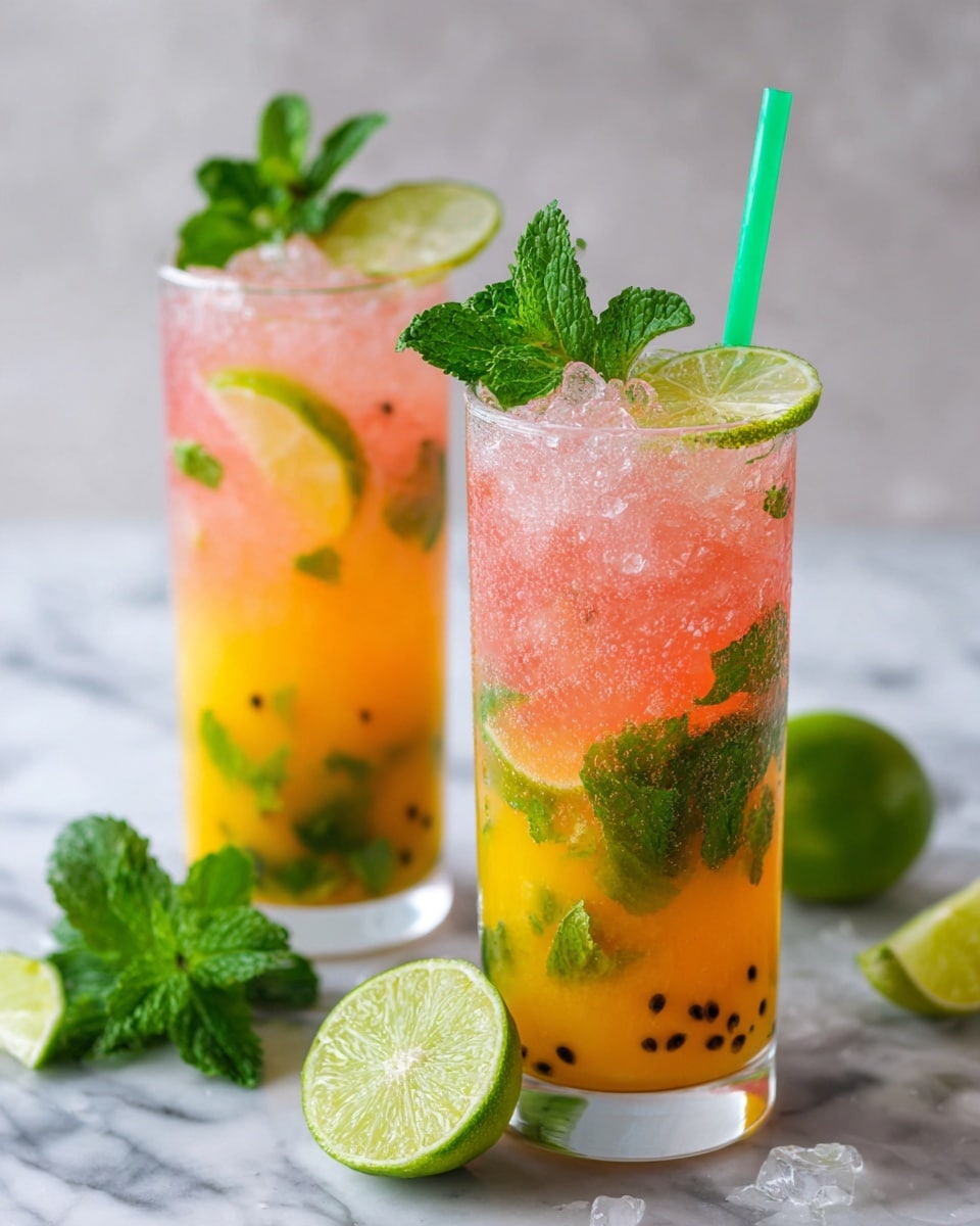 Two tall clear glasses sit on a white marbled surface, filled with a colorful layered drink. The bottom layer is orange with black seeds and fresh green mint leaves scattered around. Above that, there are slices of light yellow cucumber pressed against the glass. The top layer is pink with crushed ice and more mint leaves, giving a fresh look. Each glass is garnished with a bright green slice of lime on the rim and has a green straw sticking out. There are loose mint leaves and lime halves scattered around the table in soft focus behind the glasses. Photo taken with an iphone --ar 4:5 --v 7