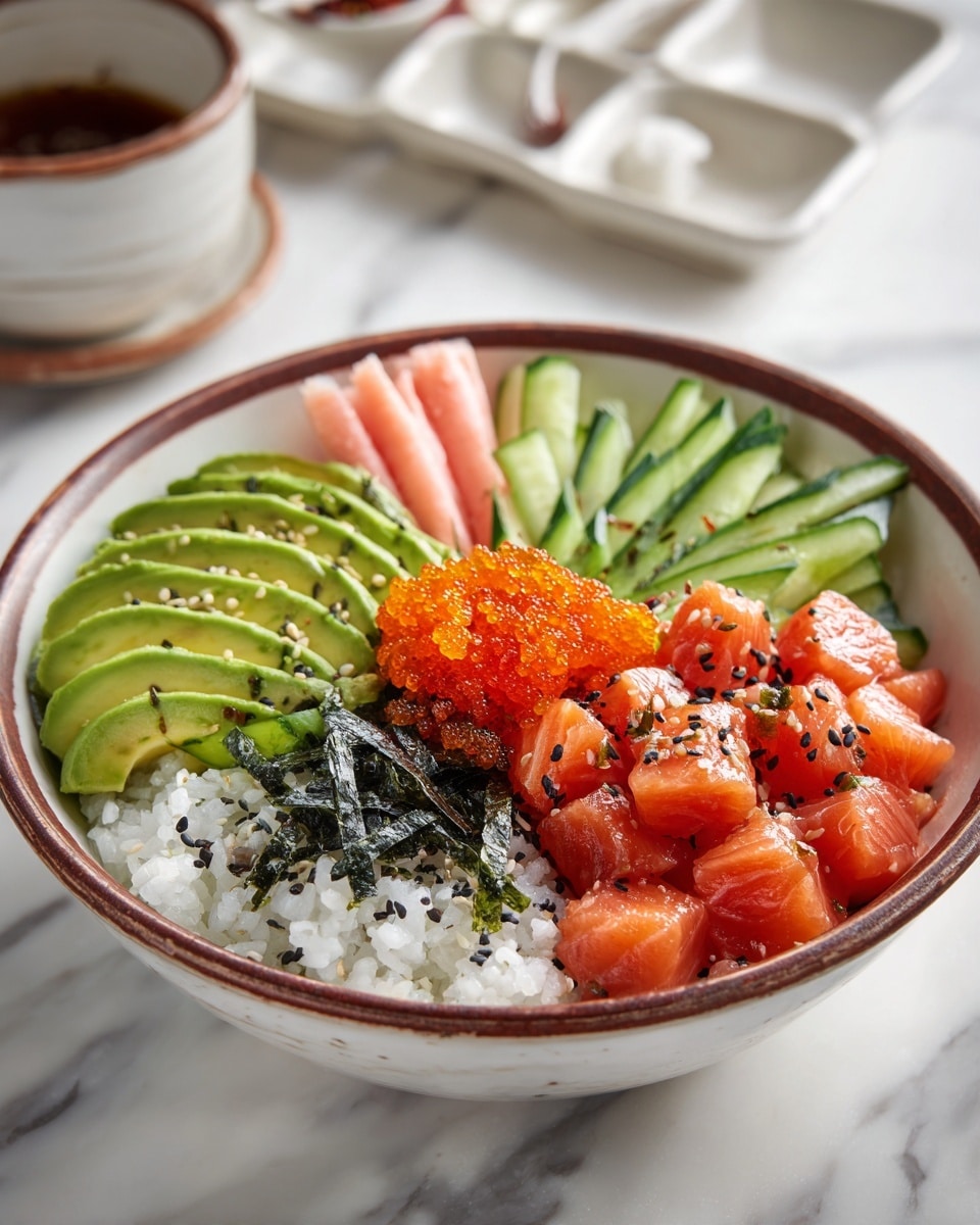 A white bowl with brown rim holds six visible layers arranged neatly: the bottom layer is white sushi rice scattered with small black sesame seeds and thin green seaweed strips on the right side; next to it are thick cube slices of bright orange raw salmon with a smooth texture; next to the salmon are overlapping slices of light green avocado, two halves with smooth creamy texture, topped with a small sprinkle of black sesame seeds; behind the avocado are thin, long cucumber sticks in a light to medium green shade, standing upright; on the far side are white and orange crab sticks laid in a small pile with a fibrous texture, and in the center, a small heap of bright orange fish roe sprinkled with more black sesame seeds. The bowl sits on a white marbled surface with soft lighting and another similar bowl in the background blurred slightly. Photo taken with an iphone --ar 4:5 --v 7