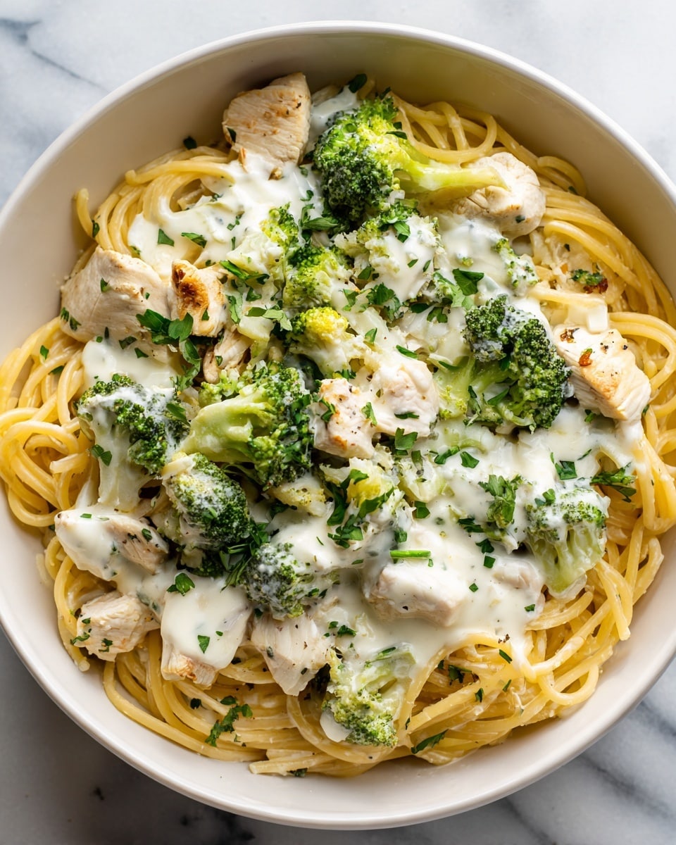 The image shows a close-up of a dish with three main layers, served in a white bowl on a white marbled surface. The bottom layer features light yellow cooked spaghetti pasta. The middle layer is made of chunks of pale white cooked chicken spread evenly across the pasta. The top layer consists of bright green broccoli florets and creamy white cheese sauce draped over the chicken and pasta. Small sprinkles of fresh chopped green herbs are scattered on top, adding a touch of color contrast. photo taken with an iphone --ar 4:5 --v 7