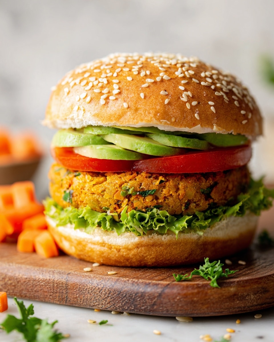 A close-up of a veggie burger on a white sesame seed bun with four layers: at the bottom, a fresh green lettuce leaf with scalloped edges is placed on the bottom bun; above this, there is a thick, textured orange veggie patty mixed with green herbs; on top of the patty, thin, bright red tomato slices are neatly stacked; the top layer has several thick, light green slices of avocado arranged side by side; the burger is resting on a wooden board with scattered white sesame seeds and green parsley leaves around it, with a small orange cube on the side; the background has a soft focus with green leaves and a white marbled texture. photo taken with an iphone --ar 4:5 --v 7
