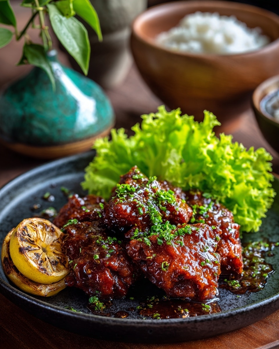 A close-up of a dish with three main layers on a white plate: the bottom layer is fresh green lettuce leaves on the right side; the middle layer is bright red glazed chicken drumsticks and pieces arranged in the center, glistening with a sticky sauce and sprinkled with chopped green herbs; the left side has a small wedge of grilled lemon showing light brown char marks. The background is softly blurred with a white marbled texture surface visible underneath the plate. photo taken with an iphone --ar 4:5 --v 7