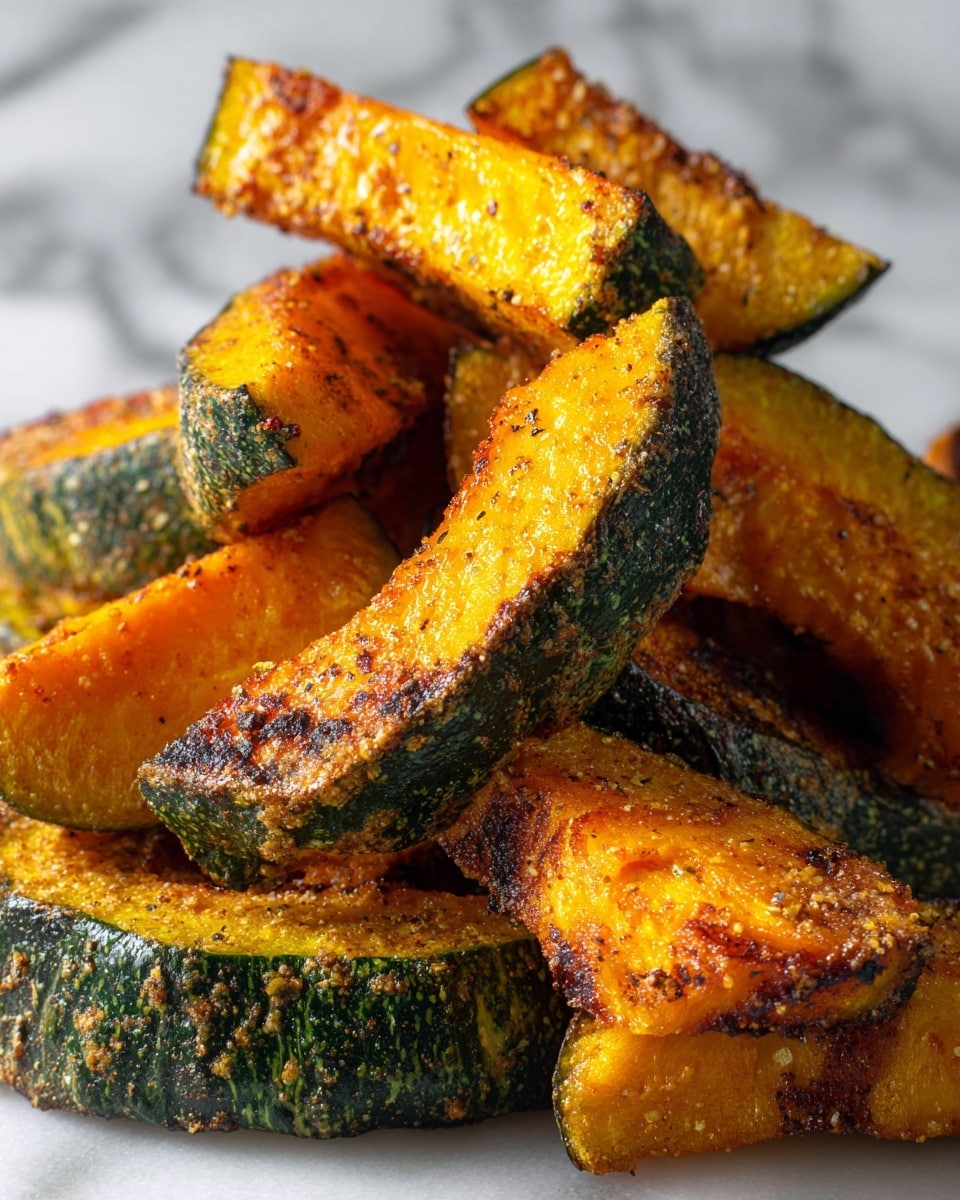 This close-up image shows roasted pumpkin pieces with dark green skin and bright orange flesh, covered in a layer of brown spices and seasoning that creates a slightly rough texture. The pumpkin chunks are irregular in shape and piled together against a white marbled background, with some bits showing caramelized edges that look crispy. The seasoning is spread unevenly, giving the pumpkin a roasted, textured look with a mix of smooth, soft orange parts and darker, crispy spots. photo taken with an iphone --ar 4:5 --v 7