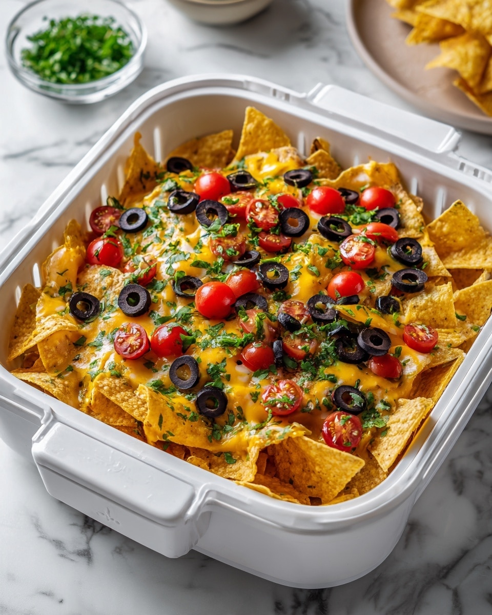 The image shows a square air fryer basket filled with a layered nachos dish. The bottom layer consists of crispy yellow corn tortilla chips spread evenly. On top, a generous layer of melted orange cheddar cheese covers the chips, followed by a sprinkle of black sliced olives scattered all over. Bright red halved cherry tomatoes are placed on top, adding spots of color. The final touch is a sprinkle of finely chopped green onions spread evenly across the dish. The air fryer basket sits on a white marbled surface. Photo taken with an iphone --ar 4:5 --v 7