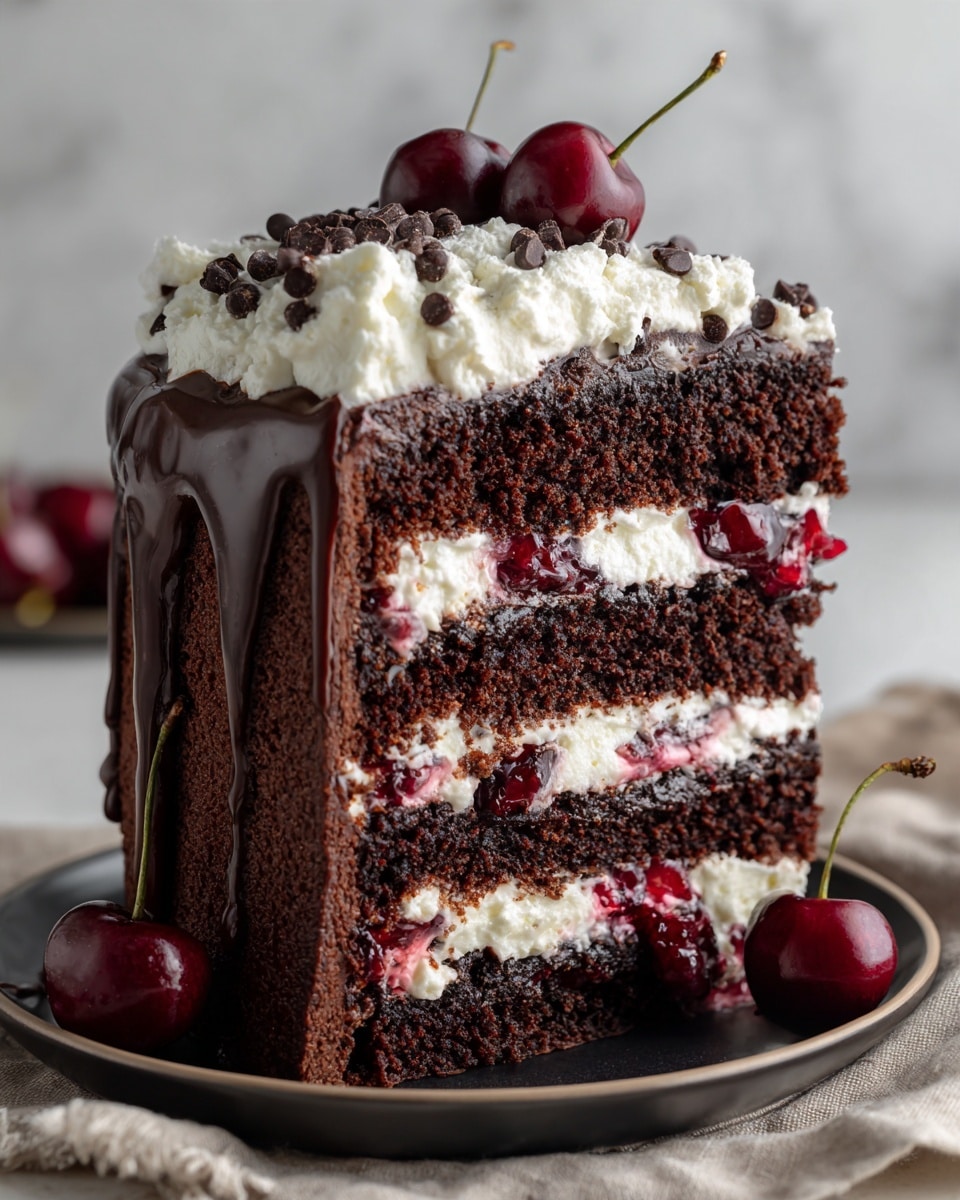 A close-up of a slice of chocolate cake with four layers: the first, third, and fifth layers are dark, moist chocolate sponge, while the second and fourth layers are white cream mixed with whole cherries and cherry sauce, adding a rich red color. The top of the cake is covered with a thick layer of smooth chocolate ganache, topped with white whipped cream, small dark chocolate chips, and three shiny red cherries with stems on top. The cake slice sits on a white plate with a textured beige cloth underneath, all set on a white marbled surface with a soft pink background. Photo taken with an iphone --ar 4:5 --v 7