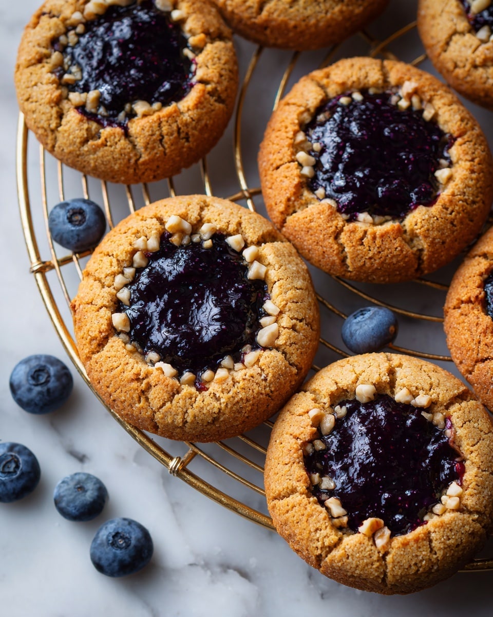 Round cookies with a cracked light brown texture forming the base layer, each with a thick dollop of glossy dark purple-blue blueberry jam in the middle. The jam is topped with small, light brown nut crumbs scattered on top. The cookies are placed on a gold cooling rack set over a white marbled texture. Scattered fresh blueberries with a deep navy blue color are around the cookies. Photo taken with an iphone --ar 4:5 --v 7