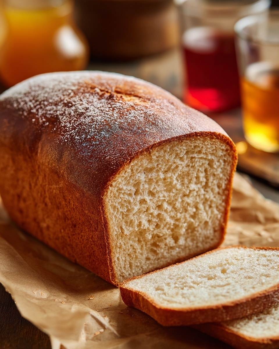 The image shows a close-up of a loaf of bread with a rough, golden-brown crust covered lightly with sugar, giving it a sparkly look. The inside of the bread is soft and light beige with a porous, airy texture. One thick slice is cut from the loaf and placed in front, showing the crumb clearly. The bread sits on a white marbled surface. In the background, there is a blurry glass with a yellow drink and some red fruits. photo taken with an iphone --ar 4:5 --v 7