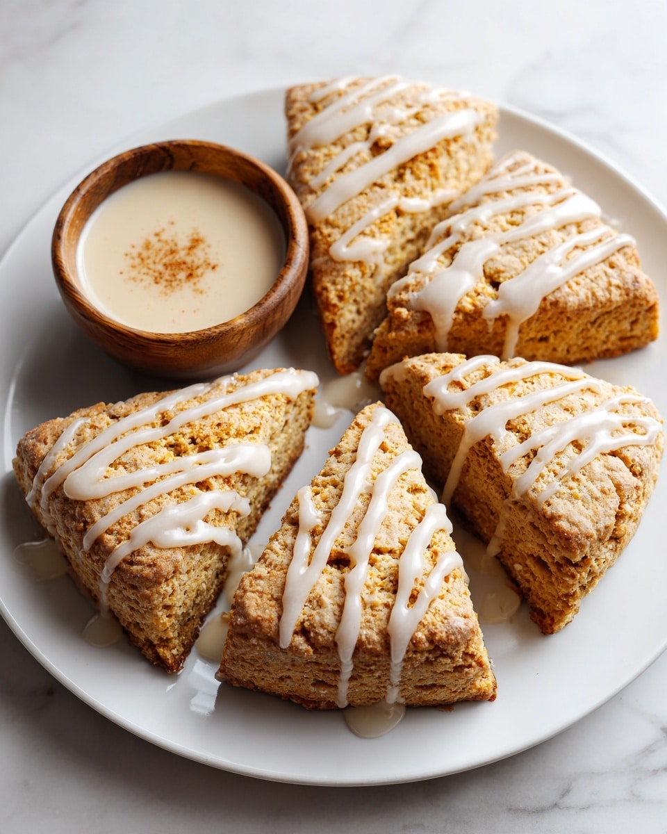 A dark brown round plate holds six triangular scones with a golden-brown, crumbly texture. Each scone is drizzled with white icing in a thin, zigzag pattern. On the side of the plate, there is a small round wooden bowl filled with a white creamy sauce sprinkled lightly with a brown powder. The plate is placed on a white marbled surface that contrasts with the warm colors of the scones and bowl. photo taken with an iphone --ar 4:5 --v 7