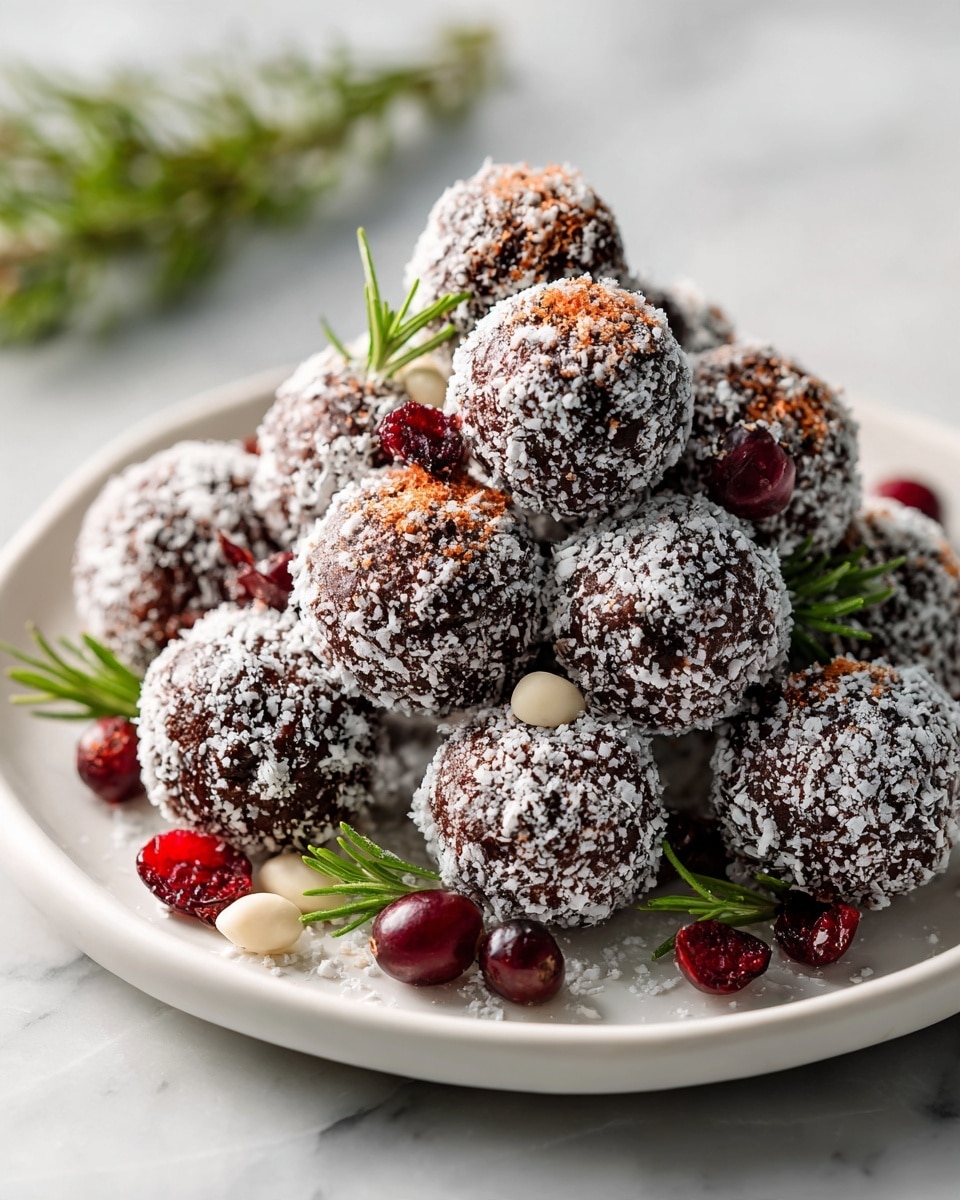A black plate holds a pile of round, dark brown sweets coated lightly with white powdered sugar. Some pieces have small yellow-orange spots on top, adding a touch of color. Bright red cranberries and small white pine nuts are scattered around and on top of the sweets. A few small green rosemary sprigs stand out among the sweets, adding a fresh, natural look. The plate sits on a white marbled surface. photo taken with an iphone --ar 4:5 --v 7