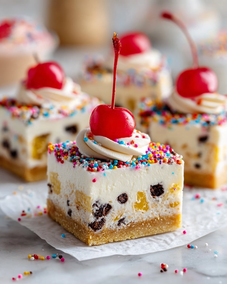 The image shows small square pieces of a creamy dessert with visible fruit pieces inside, including yellow peach chunks and dark purple berries. Each piece has a smooth white creamy base, topped with colorful sprinkles and a bright red cherry on top, adding a pop of color. The texture looks soft and slightly crumbly, and a few chocolate chips are scattered around the pieces on white parchment paper. The background is a clean white marbled surface, making the dessert stand out clearly. photo taken with an iphone --ar 4:5 --v 7