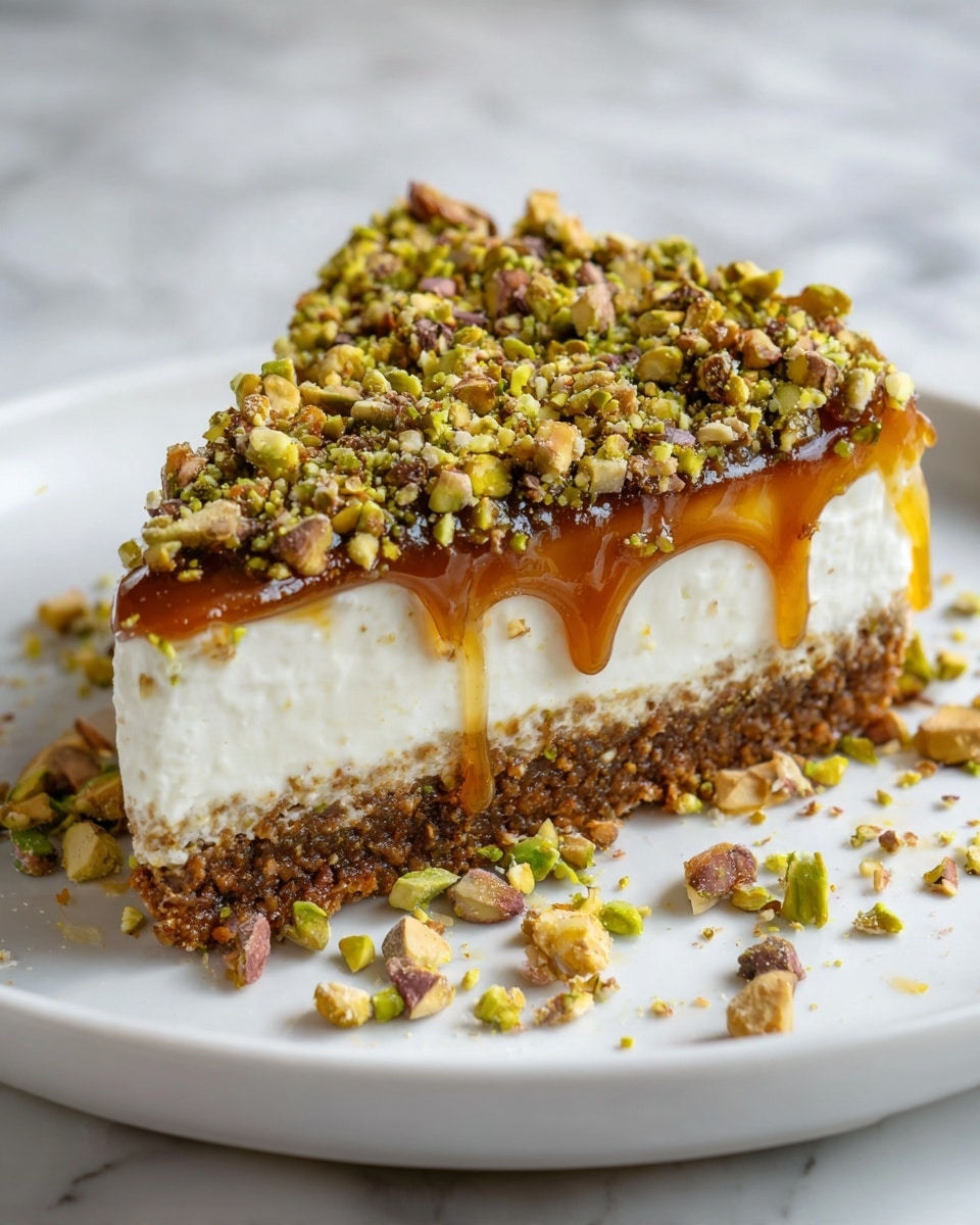 The image shows a close-up of a layered dessert slice on a white plate, placed on a white marbled surface. The dessert has a dark brown crumbly base as the bottom layer, followed by a thick white creamy middle layer. Above that is a thin golden caramel layer that looks smooth and sticky. The top layer is covered with chopped green pistachios and brown crunchy nuts spreading evenly across the surface. Some caramel drips down the side of the slice, adding a glossy texture. A few pistachio pieces are scattered around the plate's edge. Photo taken with an iphone --ar 4:5 --v 7