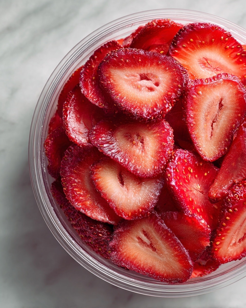 A white round bowl filled to the top with one layer of thinly sliced dried strawberries. Each strawberry slice shows red and pink shades with visible seeds and a slightly curled texture, creating a mix of rough and smooth surfaces across the bowl. The bowl is placed on a white marbled textured surface, and the image is taken from above at a slightly tilted angle, showing mainly the strawberry slices at the top half of the bowl. photo taken with an iphone --ar 4:5 --v 7