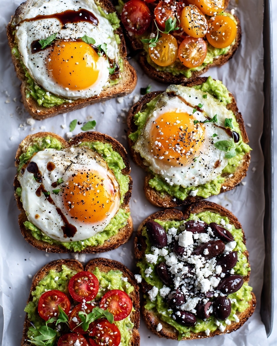 The image shows six slices of toasted bread arranged on parchment paper over a baking tray. Four slices are topped with a thick layer of mashed avocado, halved cherry tomatoes, fresh green basil leaves, and a drizzle of dark balsamic glaze. One slice has an additional topping of black olive slices and white crumbled cheese. Two slices are topped with mashed avocado and fried sunny-side-up eggs, sprinkled with a mix of black sesame and seasoning flakes. The bread is golden brown and crispy, and the ingredients add vibrant green, red, black, and white colors on top. The setting is on a white marbled surface. photo taken with an iphone --ar 4:5 --v 7