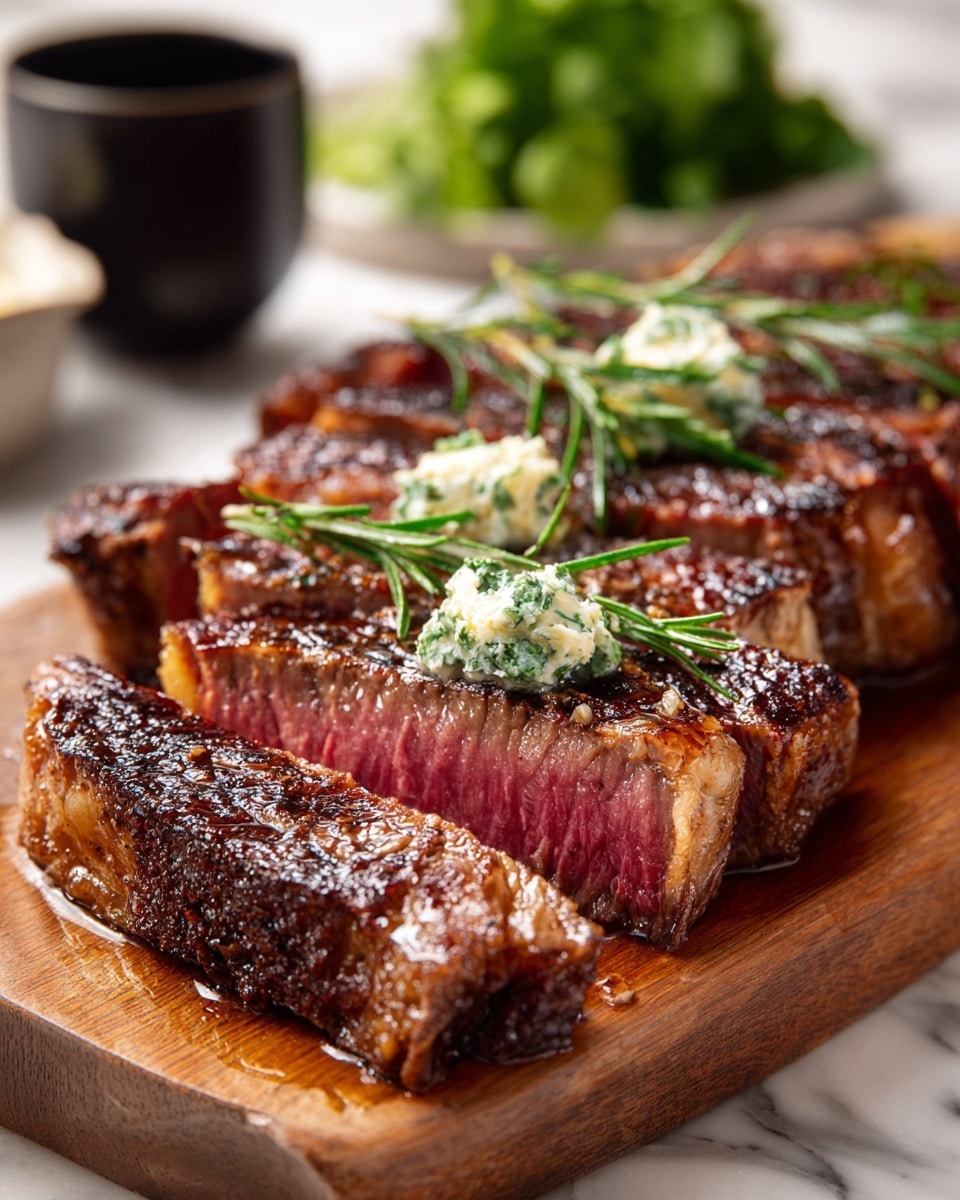 A thick piece of cooked steak sliced into several parts rests on a wooden board, showing a pinkish inside and a dark, seared crust on the outside. On top of the steak is a dollop of melting herb butter with visible green bits and three green sprigs of fresh rosemary. The texture of the meat looks juicy and tender, with some fat along the edges. The blurry background includes a dark bowl and some green herbs, with everything sitting on a white marbled surface. photo taken with an iphone --ar 4:5 --v 7