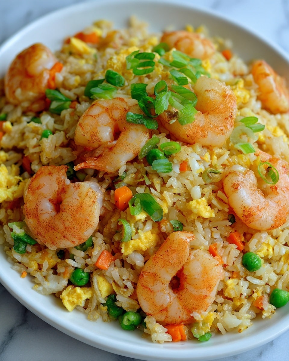 A close-up of shrimp fried rice served on a white plate placed on a white marbled surface, showing at least three layers: the base layer of golden-brown fried rice with slightly oily grains, dotted with small bright green peas and small orange carrot cubes; the middle layer with light yellow scrambled egg pieces and translucent, soft-looking onion chunks scattered evenly; and a top layer of plump, pink-orange cooked shrimp curled and sprinkled with green sliced spring onions for freshness. photo taken with an iphone --ar 4:5 --v 7