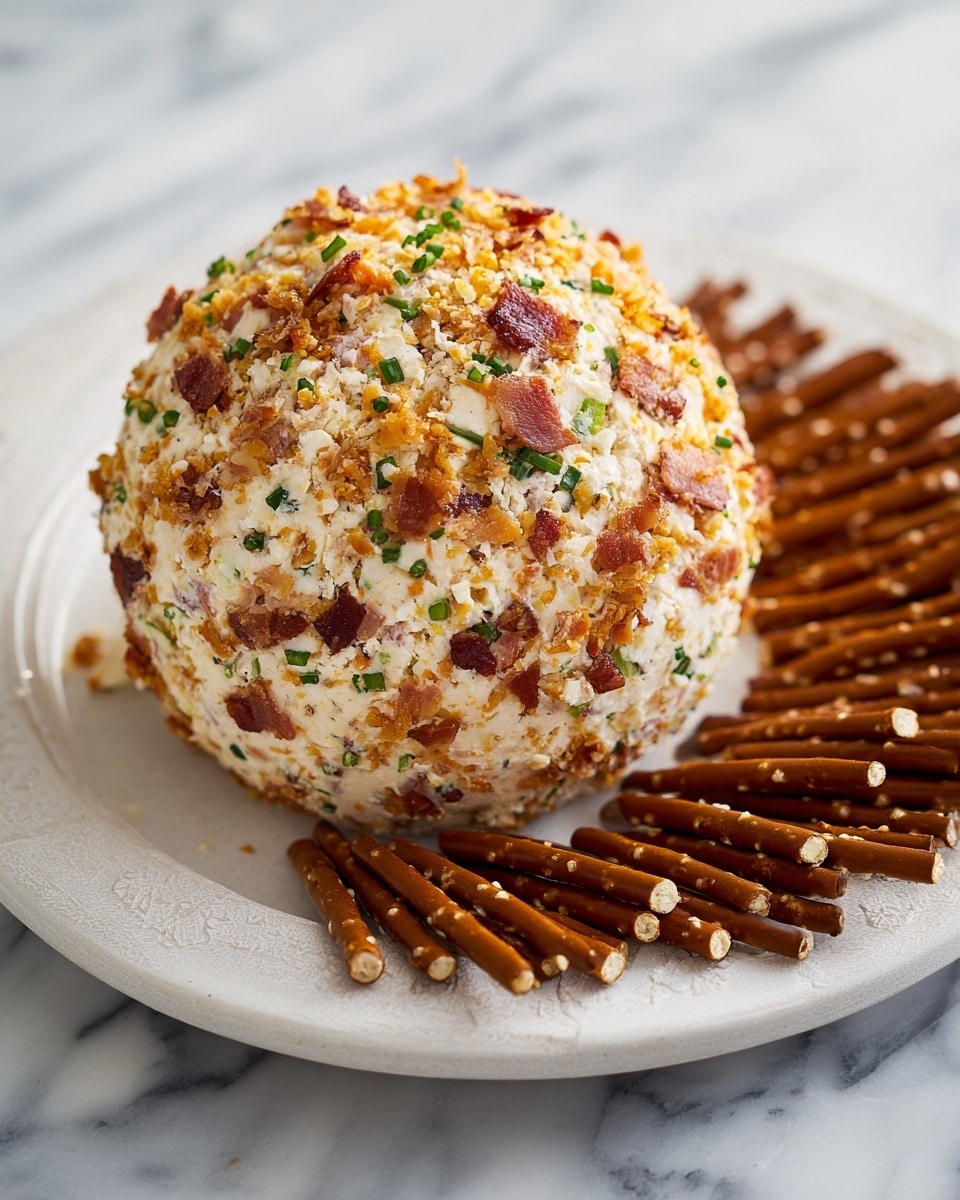 A round cheese ball covered in small pieces of chopped bacon, green onions, and nuts with a creamy inside visible on one side where a scoop has been taken out. The cheese ball sits on a white plate surrounded by many twisted pretzel sticks arranged in a circular pattern. The background is a white marbled texture. photo taken with an iphone --ar 4:5 --v 7