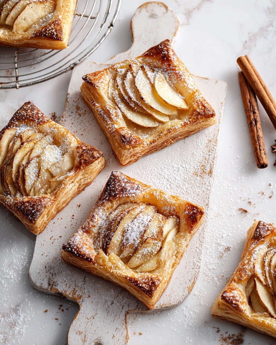 The image shows several square-shaped pastries with golden brown puff pastry bases, each having a raised and twisted border. Inside each pastry is a neatly arranged layer of thinly sliced, fanned-out apples, cooked until soft and slightly caramelized with a light dusting of cinnamon on top. The square pastries are sprinkled with powdered sugar, adding a light dusting contrast to the warm, golden tones. They are placed on a white marbled texture, alongside a white marbled chopping board and a white marbled cooling rack, with some cinnamon sticks visible nearby. photo taken with an iphone --ar 4:5 --v 7