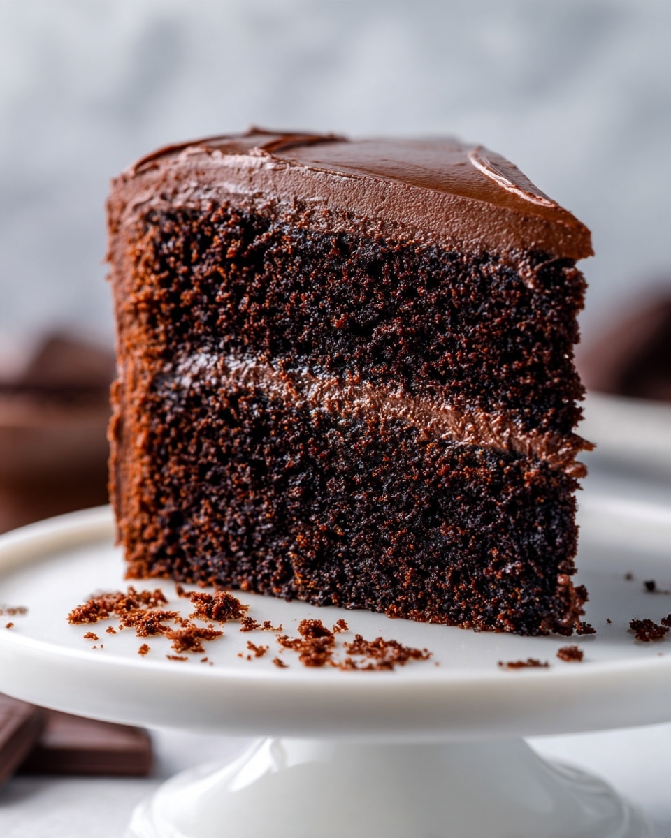 A close-up image shows a thick, single-layer chocolate cake slice on a white cake stand. The cake has a dense, moist texture with a rich dark brown color. The outer layer is covered in smooth, glossy chocolate frosting, evenly spread with visible soft swirls and small peaks. Some crumbs lie scattered on the white surface beneath the cake slice, adding a natural touch to the presentation. The background is a soft white marbled texture, giving a clean and simple look to the setting. photo taken with an iphone --ar 4:5 --v 7