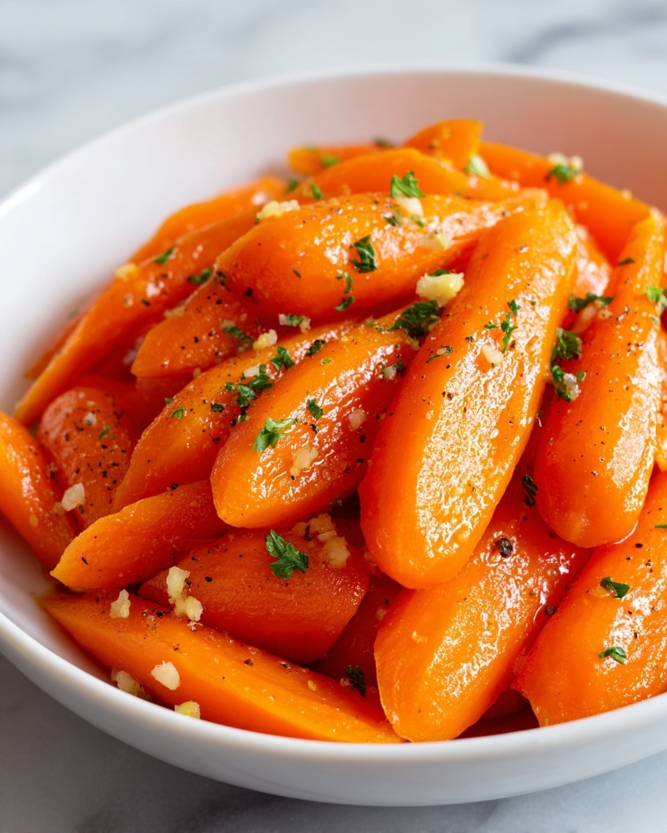 The image shows a white dish filled with cooked carrot pieces that have a shiny, slightly oily surface. The carrots are cut into thick long segments, and they are coated with small bits of garlic and black pepper, with some finely chopped green herbs scattered on top, adding color contrast. The carrots' bright orange color is vivid and warm, and the glossy texture makes them look tender and flavorful. The dish is placed on a white marbled surface. photo taken with an iphone --ar 4:5 --v 7