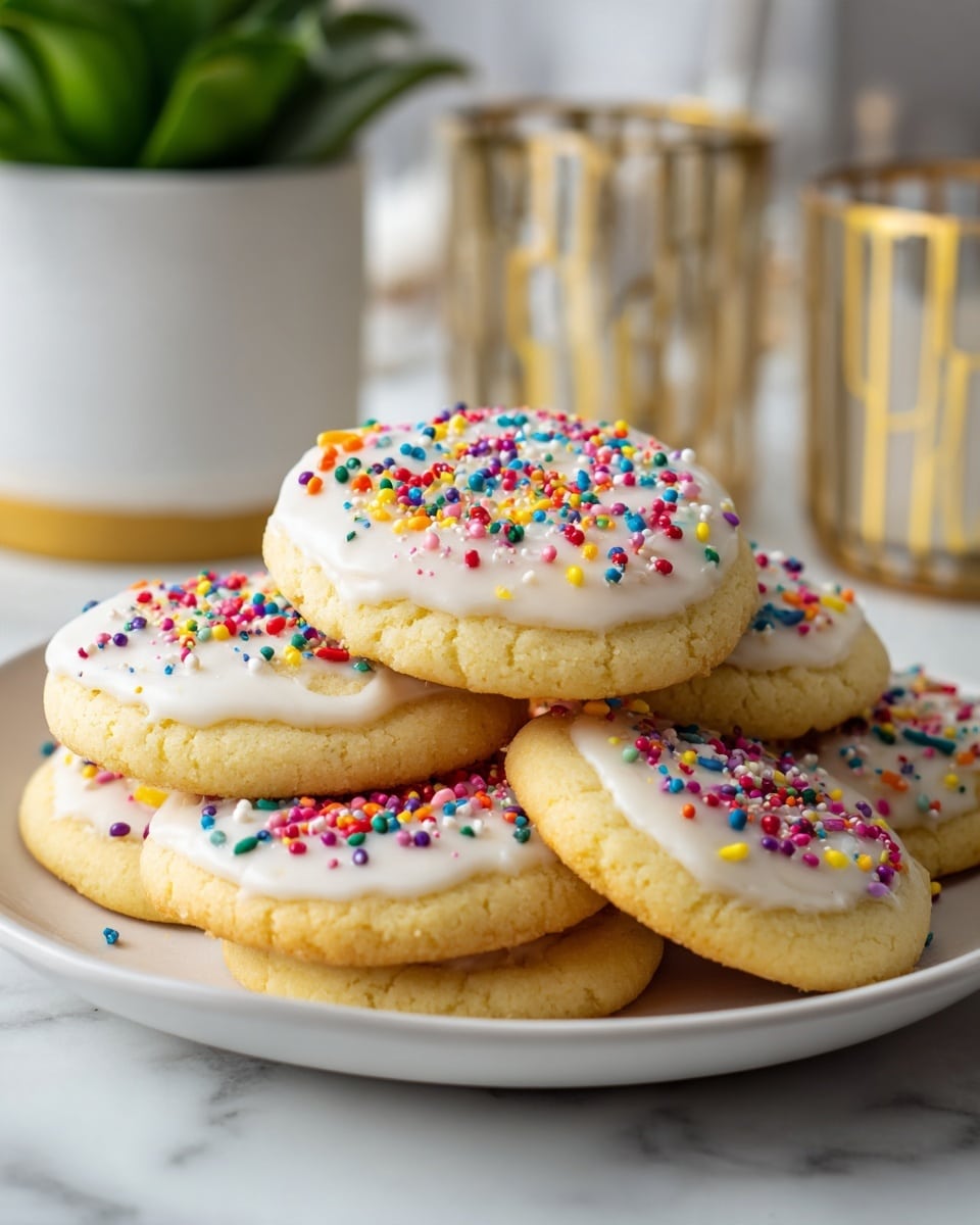 A white plate stacked with two layers of soft, round cookies, each cookie topped with smooth, white icing that drips slightly over the edges. The icing is sprinkled with small, colorful round sprinkles, adding bright dots of red, blue, yellow, green, and purple on each cookie. The cookies are light golden in color with a slightly rough texture under the icing, and the plate rests on a white marbled surface with a blurred background showing green plant and glassware. photo taken with an iphone --ar 4:5 --v 7