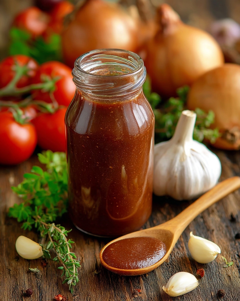 A clear glass bottle filled almost to the top with thick, dark reddish-brown barbecue sauce stands on a wooden surface with visible grain. To the right of the bottle is a wooden spoon holding a small pool of the same sauce, showing a smooth, shiny texture. Around the bottle and spoon are scattered fresh ingredients including bright red tomatoes with green stems, three peeled garlic cloves, two yellow onions, and sprigs of green herbs. The background is warm-toned, creating a cozy and rustic feel, all set on a white marbled texture surface. photo taken with an iphone --ar 4:5 --v 7