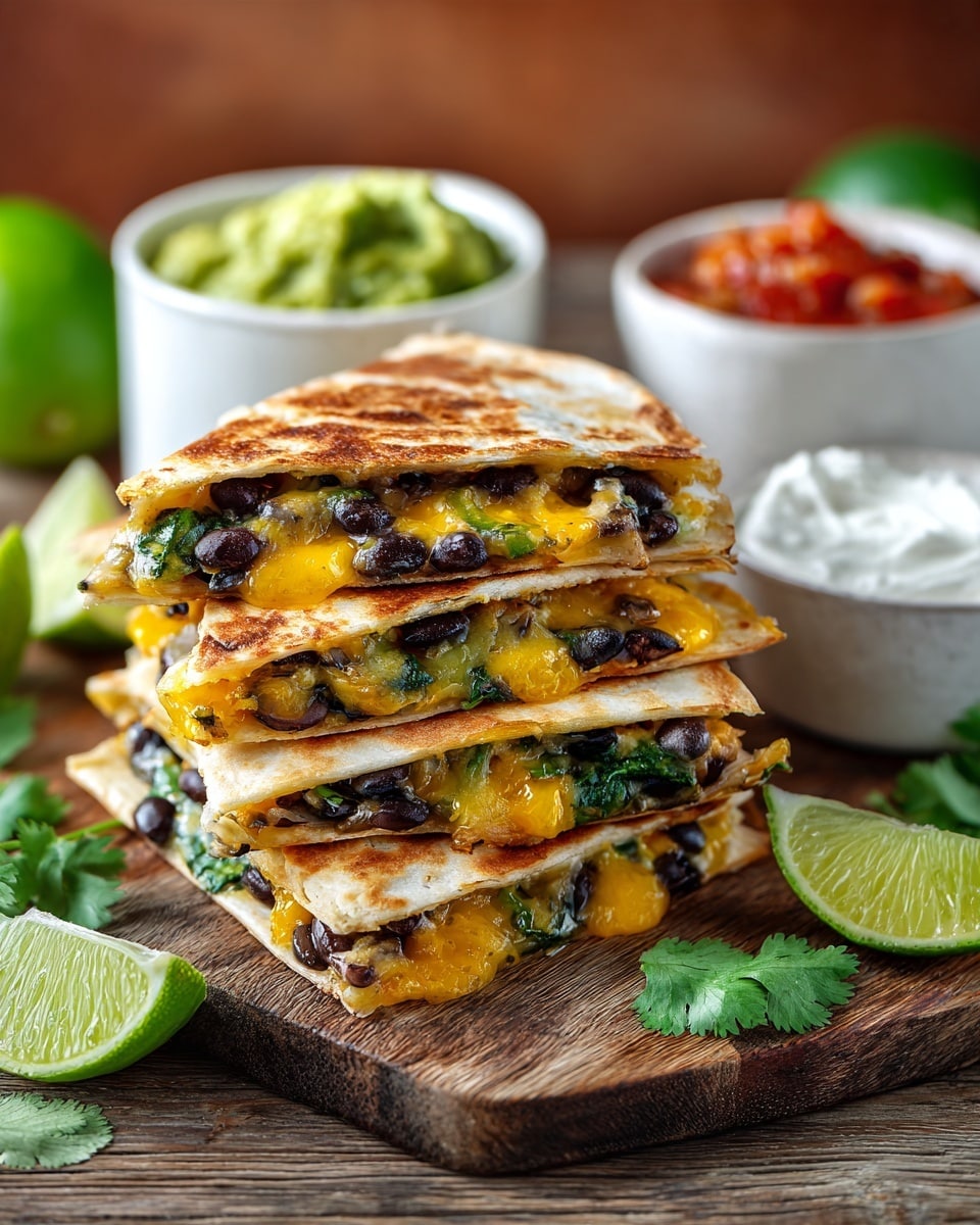 The image shows a stack of four golden-brown quesadilla triangles placed on a wooden board. Each quesadilla has two soft toasted layers with melted yellow cheese, black beans, and green peppers filling the inside, visible through the open edges. Around the quesadillas are fresh green cilantro leaves scattered on the board. In the background, three white bowls hold chunky red salsa, green guacamole, and white sour cream. Two lime wedges sit on the wooden board to the right of the quesadillas, adding a fresh pop of color. The whole scene rests on a white marbled texture surface. photo taken with an iphone --ar 4:5 --v 7