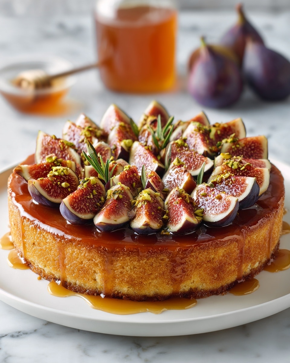 A round tart sits on a white plate over a white marbled surface, with a glossy caramelized golden-brown crust forming the base and edges. On top, there are two neat layers of halved figs arranged in a circular pattern: the outer layer has 14 figs with deep purple skin and soft pink interiors facing upward, while the inner layer has 7 figs placed similarly, with one fig halved and centered. Small green pistachio nuts are scattered evenly between the two fig layers. A golden syrup is lightly drizzled over the tart, creating small drops on the plate around it. In the background, there is a white plate holding whole and halved figs, and a small jar of honey. Photo taken with an iphone --ar 4:5 --v 7