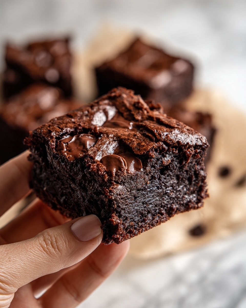 A close-up of a dark, rich chocolate brownie square held by a woman's hand, showing a moist and fudgy texture with visible glossy chocolate chips embedded throughout the top layer. The brownie has a slightly cracked surface with a dense and chewy inside. In the background, more brownies are placed on crumpled light brown paper over a white marbled surface. photo taken with an iphone --ar 4:5 --v 7